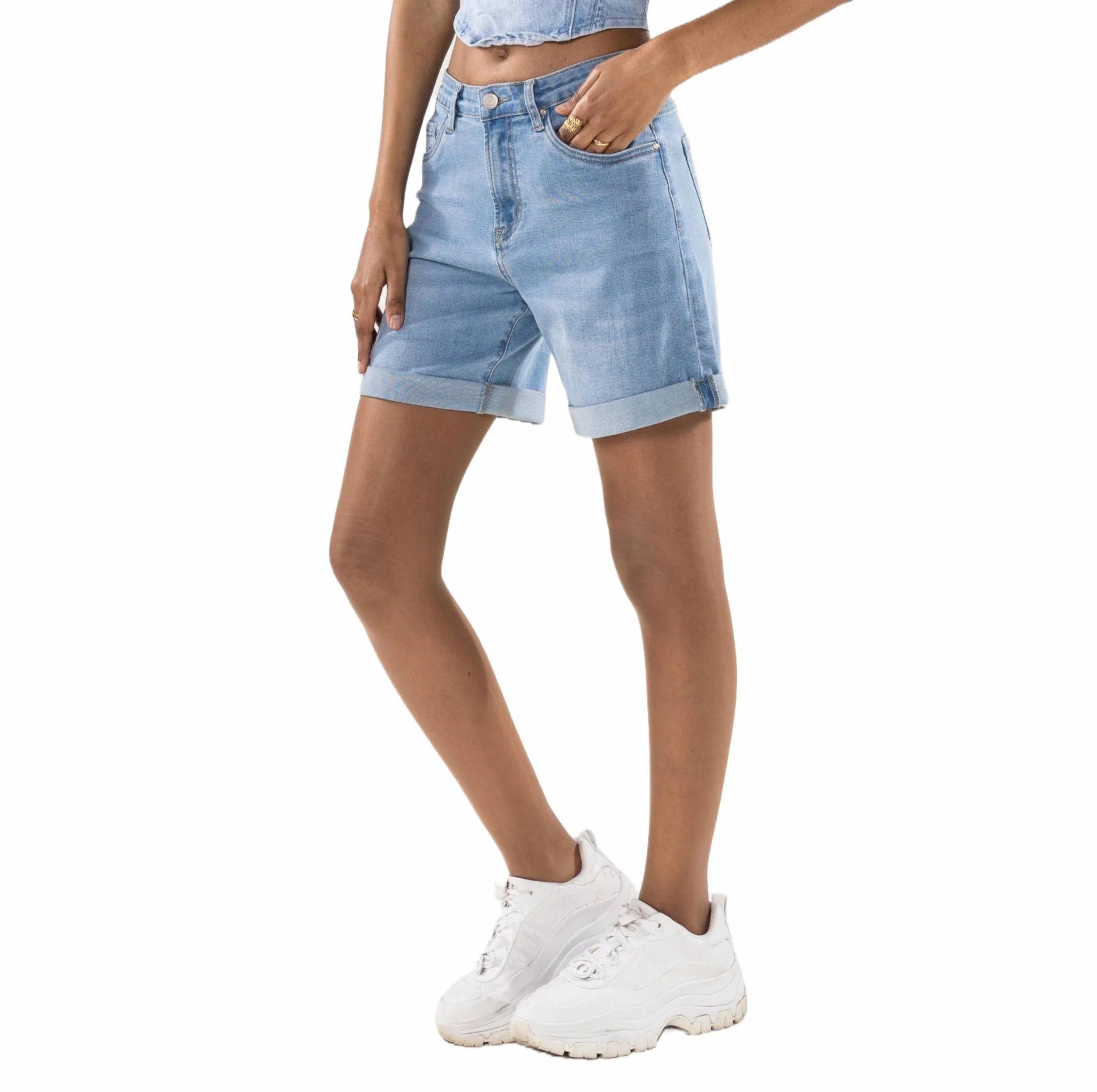 Nina Carter P208 damskie szorty jeansowe z wysokim stanem, styl used look, na uda, denim, letnie szorty