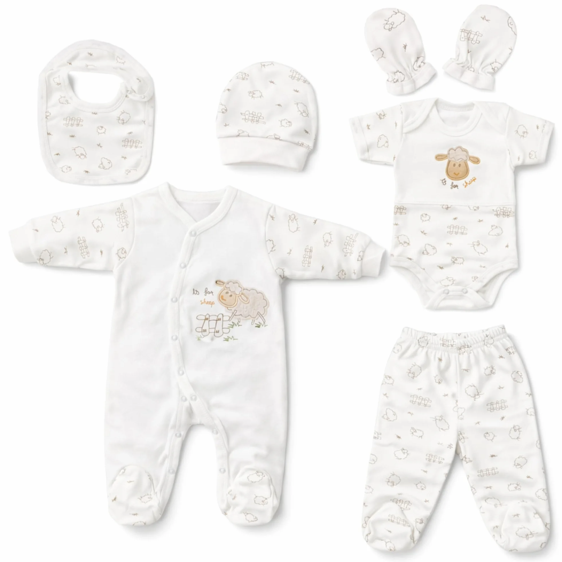 Blue Eyes Zestaw prezentowy dla noworodków – 6-częściowy komplet pierwszego wyposażenia z 100% naturalnej bawełny, certyfikat Oeko-Tex, miękki zestaw unisex dla niemowląt 0–4 miesiące (Jagnięce)