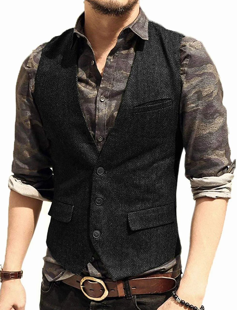 Męska kamizelka garniturowa slim fit wełna w jodełkę tweed casual dekolt w serek formalna kamizelka na ślub dla drużbów