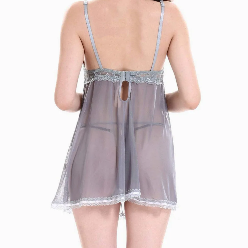 Damska, koronkowa przezroczysta siateczka Halter Full Slip Sling Dress Komplet bielizny Koszula nocna Moda Wygodna mini koszulka Bielizna nocna z stringami (szary L)