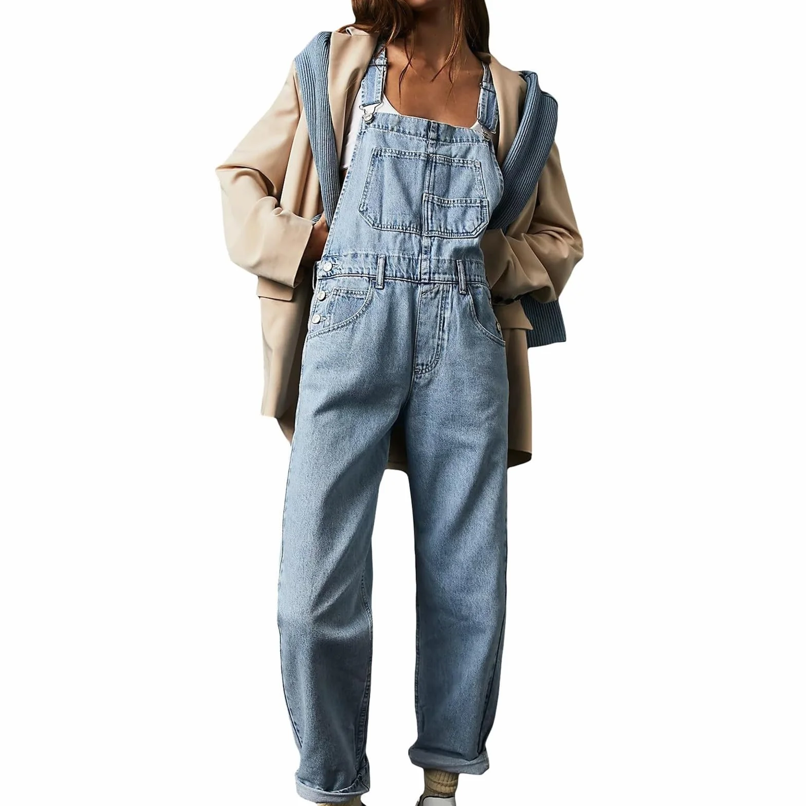 Damskie Jeansowe Ogrodniczki Wiosna Lato Baggy Proste Długie Dżinsy Ogrodniczki Casual Denim Romper dla Kobiet Luźny Kombinezon z Kieszeniami Ogólnie Rzecz Biorąc Spodnie Dżinsowe
