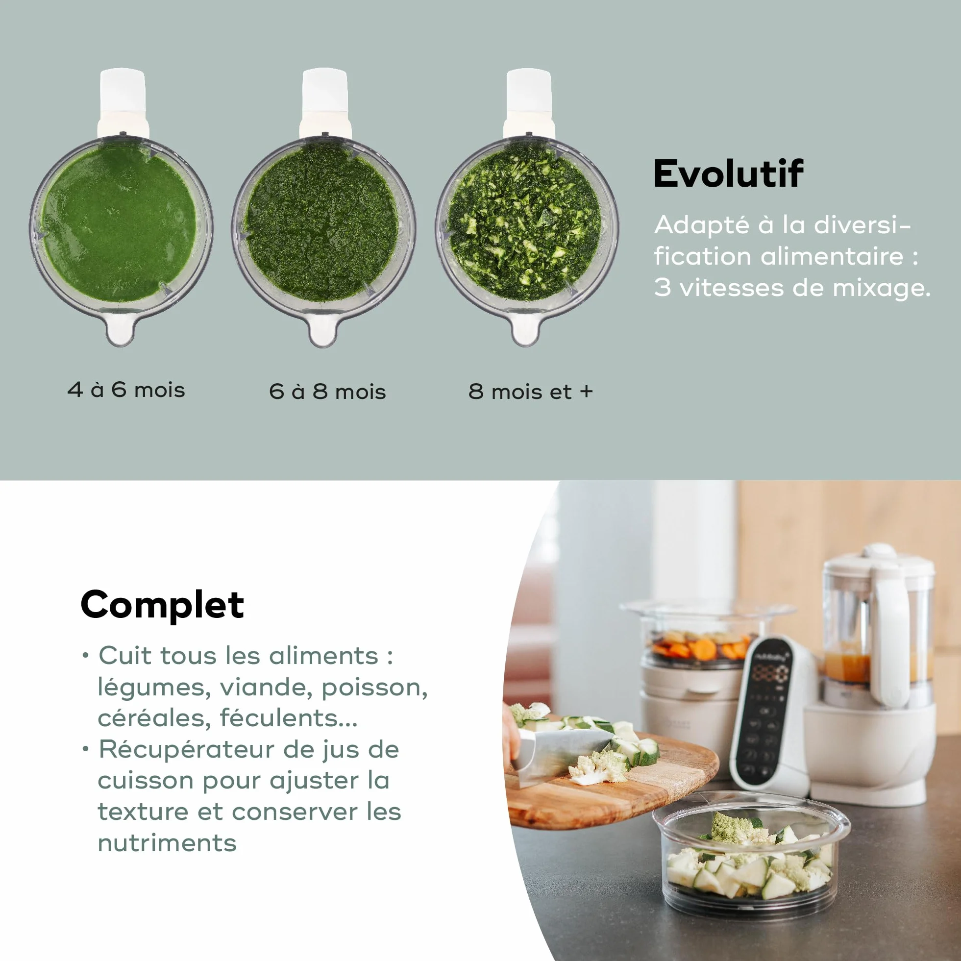 Babymoov Nutribaby(+), wielofunkcyjny robot do gotowania dla niemowląt 6 w 1, parownik, duża pojemność 2,2 l, mineralny beżowy