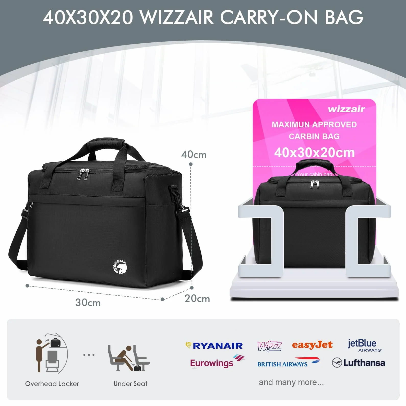BAGZY Torba Podręczna 40x30x20 25L Wodoodporna Ryanair Wizzair Bagaż Kabinowy