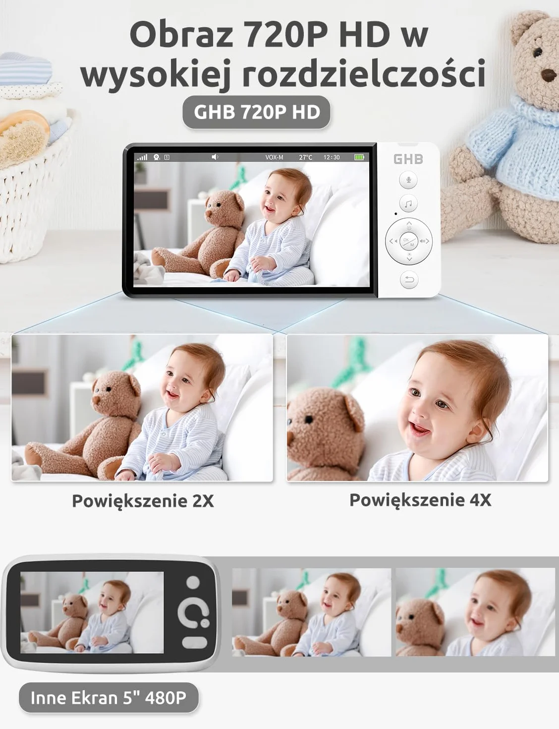 GHB Monitor dla Niemowląt z Kamerą Niania elektroniczna 5 Cali 720p HD 5000mAh Wyświetlacz IPS Tryb VOX Nocnego Widzenia Kolysanki Dwukierunkowa interkomunikacja Czujnik Temperatury
