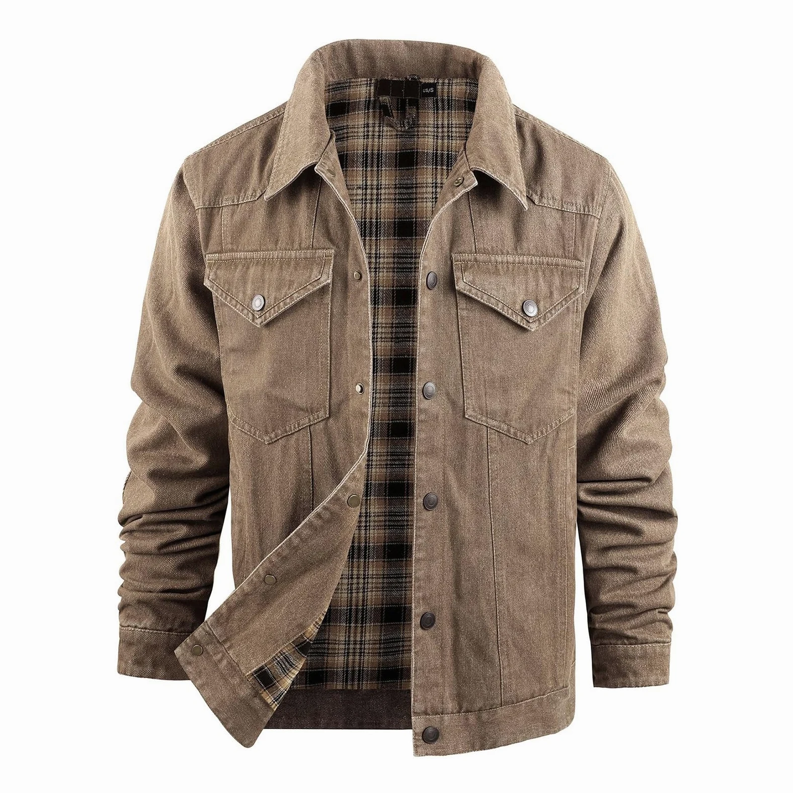 Męska Kurtka Dżinsowa w Kratę z Podszewką Snap Cowboy-Cut Western Classic Slim Fit Vintage Jacket Trucker Coat Brązowa Kurtka Dżinsowa Męska Kurtka z Odkrytymi Klapami z Przodu