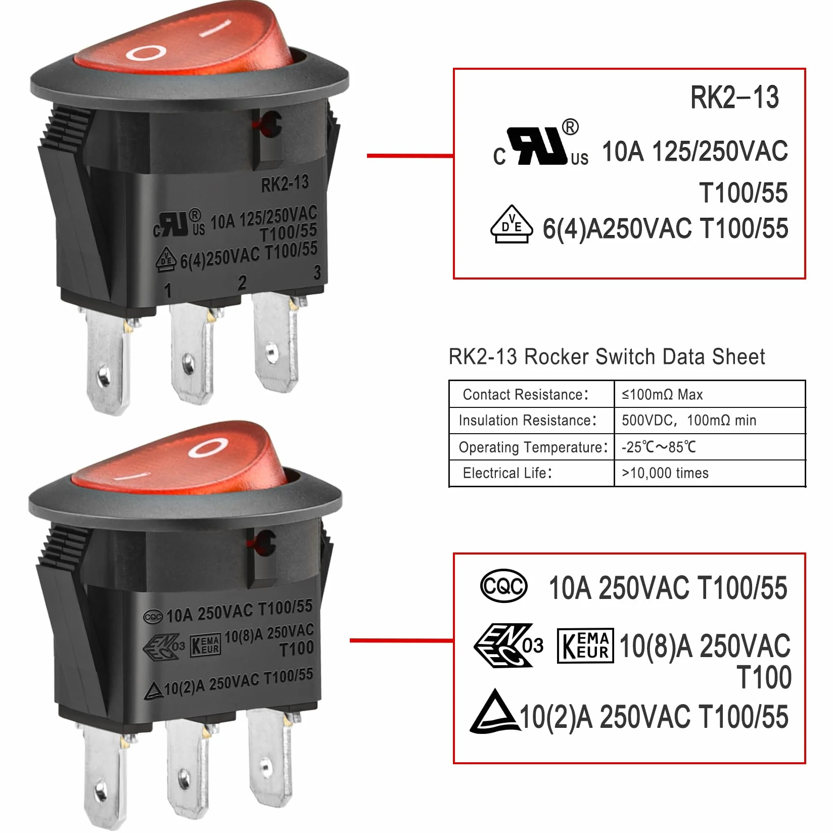 Heschen Czerwony okrągły przełącznik dźwigniowy, włącznik/wyłącznik, SPST, 3 terminale, 10 A, 250 V AC, UL VDE, 5 sztuk