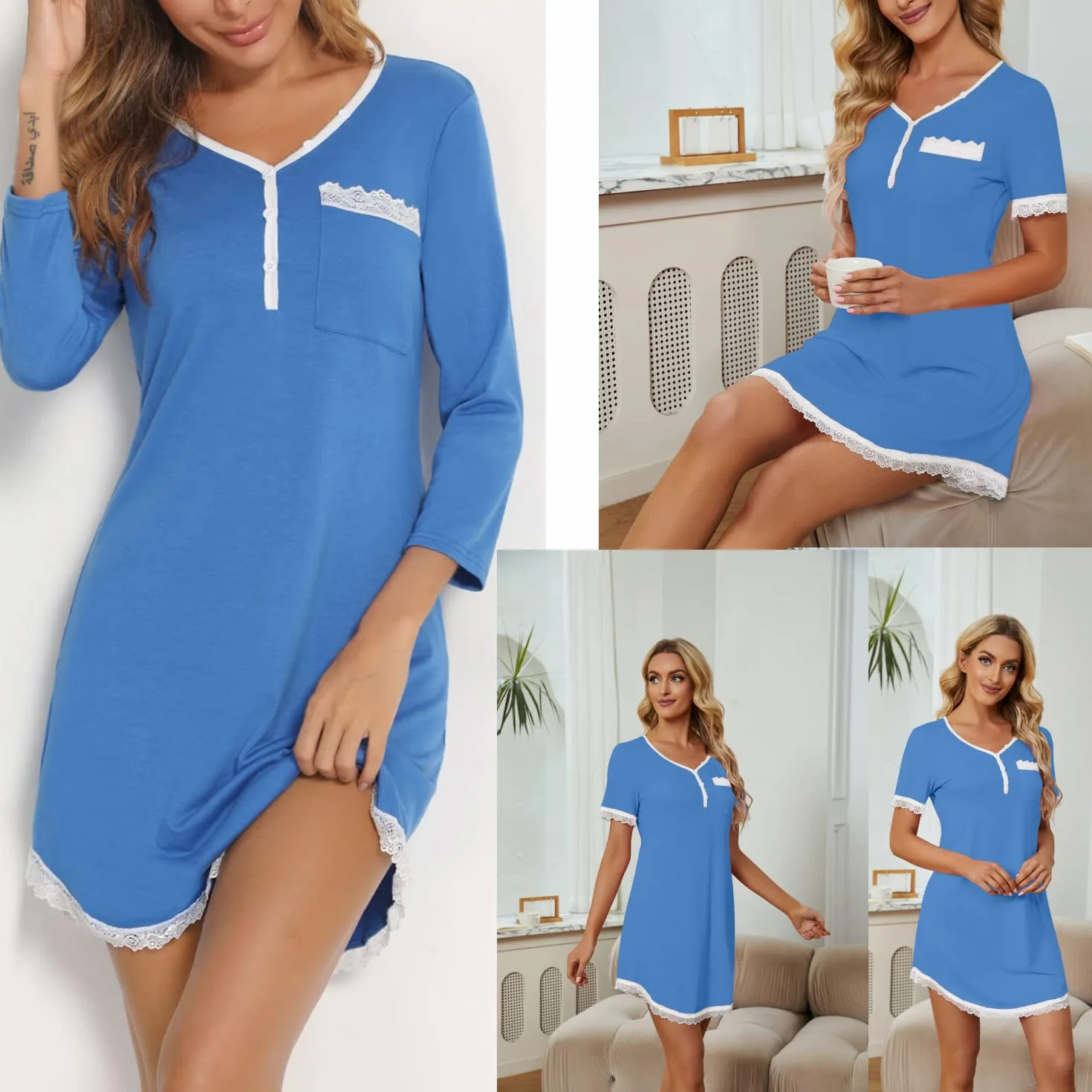 koszule nocne damskie bawełniane koronki nocne krótki t-shirt nocny piżama codzienna dekolt w serek seksowna ciążowa karmienie piersią wygodny top