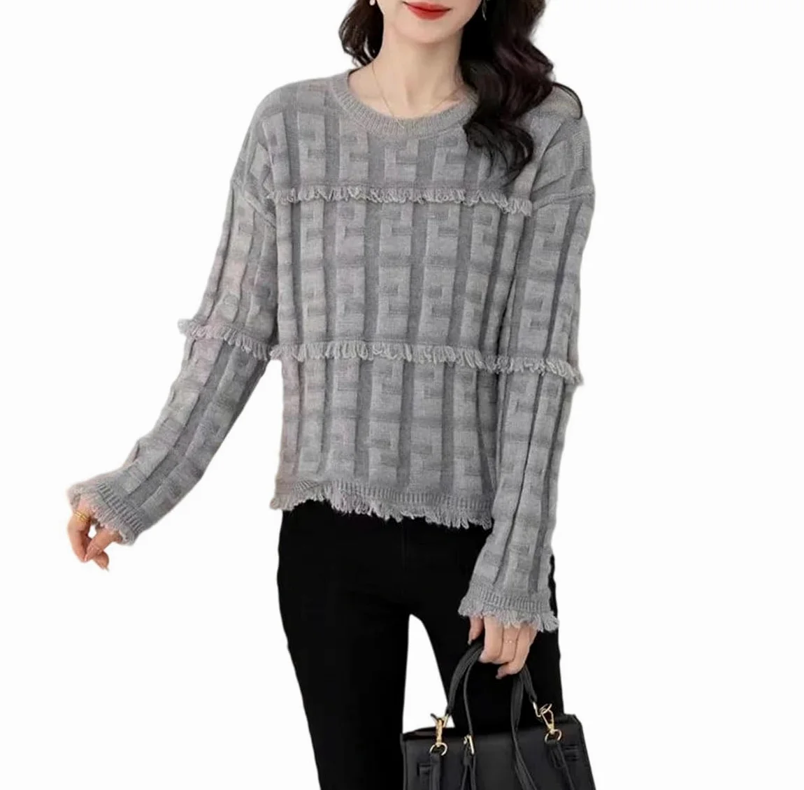 Sweter Damski Z Dzianiny, Okrągły Dekolt, Luźny, Z Frędzlami, Długi Rękaw, Swobodny, Ciepły, Modny Top-Gray-Medium