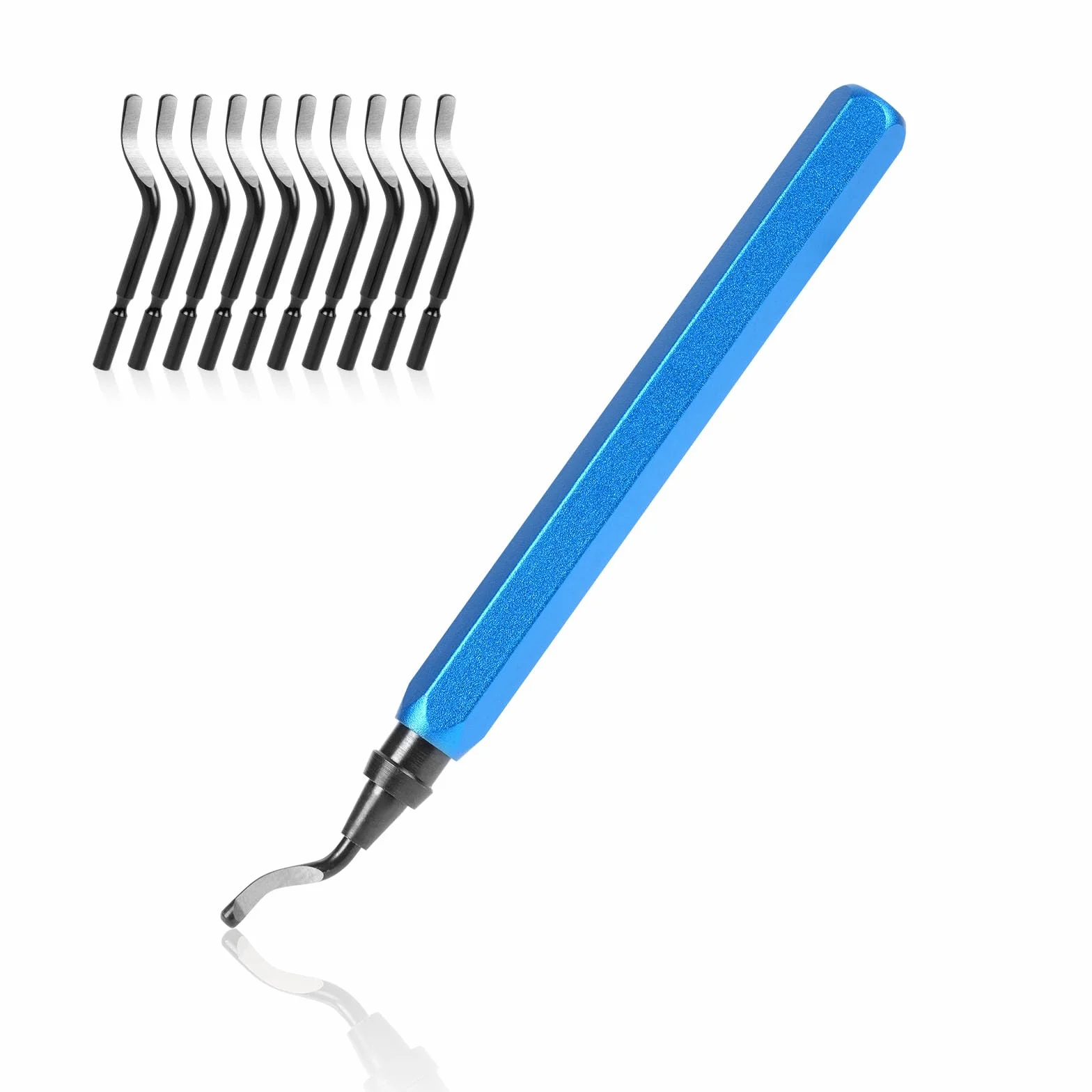 flintronic narzędzie do usuwania zadziorów, uniwersalne narzędzie do usuwania zadziorów, metalowy uchwyt z 10 zapasowymi ostrzami, obrotowe ostrze 360°, narzędzie tnące do drukarki 3D, tworzywo