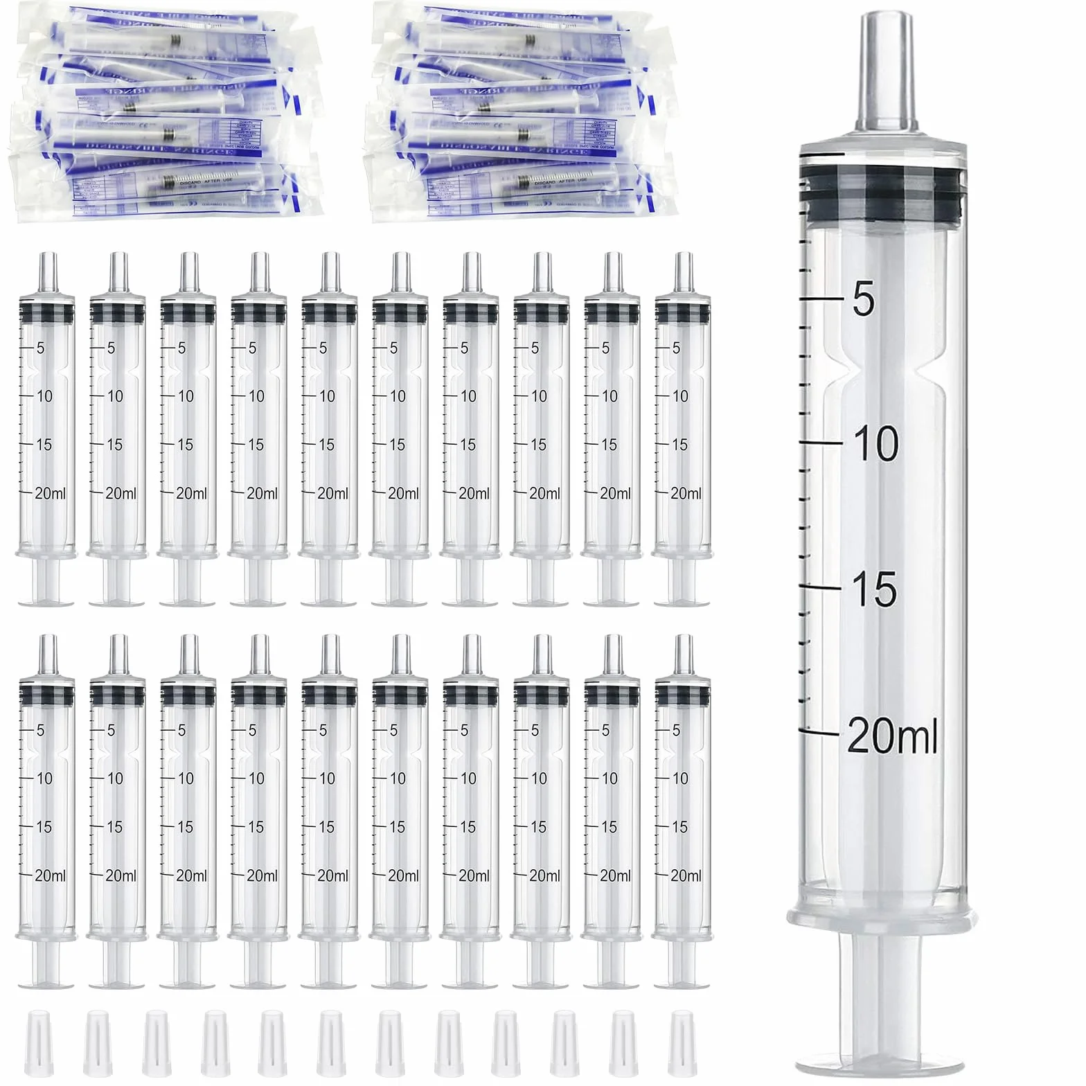 20 sztuk strzykawek 20 ml, pojedynczo zapakowane strzykawki jednorazowe, sterylne syringi z czapką, strzykawki bez igły do karmienia zwierząt, drobne dozowanie, rzemiosło i laboratoria naukowe