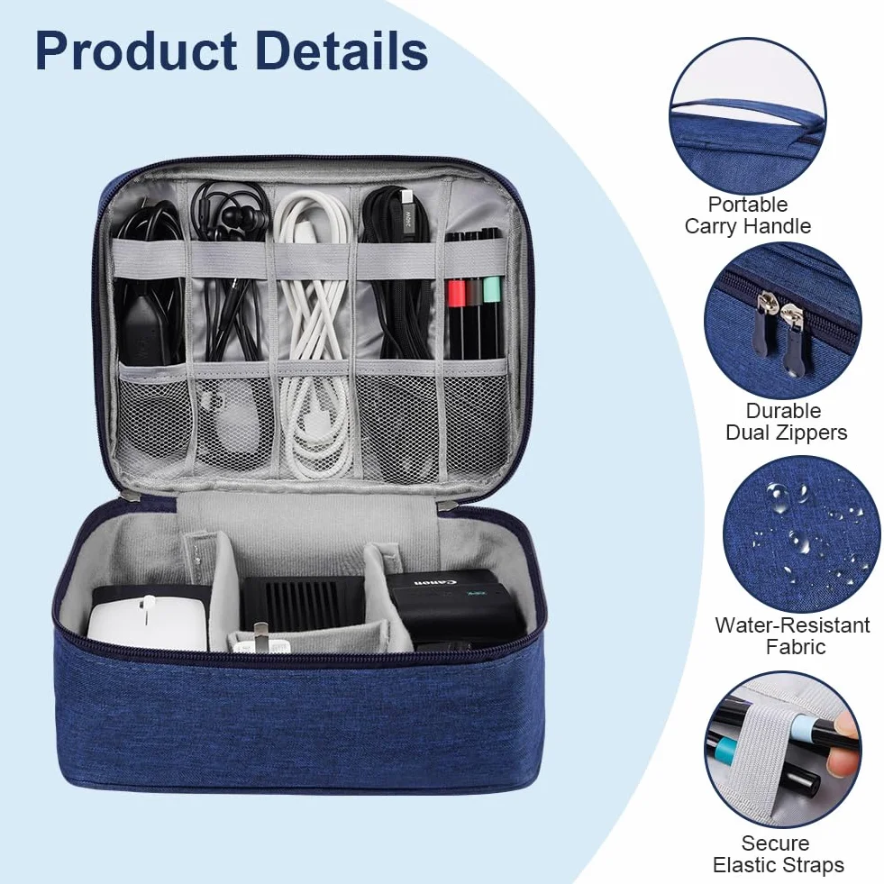 OFFCUP Torba na kabel, 24 x 18 x 10 cm, podróżny organizer na kable z 2 przegródkami, wodoszczelny organizer na kable, USB, dyski twarde, karty SD, ładowarkę (niebieska)