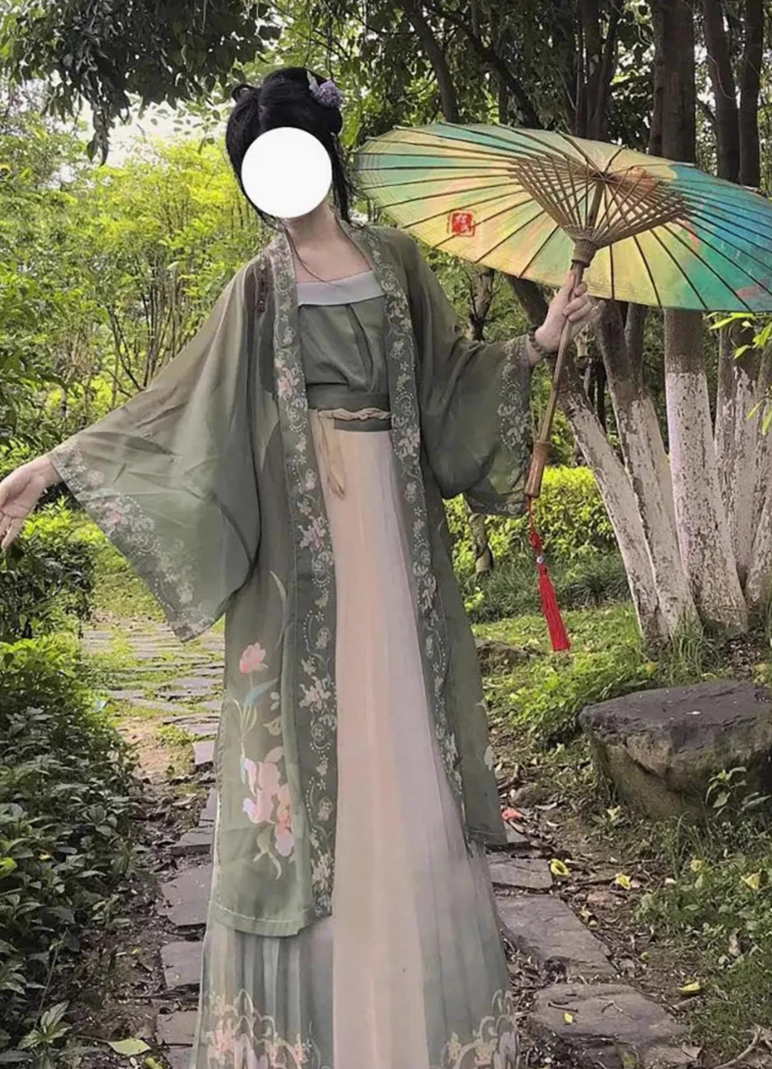 Chińska sukienka Hanfu 3 sztuk zestaw herbata zielona płynąca sukienka maxi chińskie starożytne kobiety sukienka haftowana kostium do strzelania ukończenie szkoły-jeden zestaw 3 szt., L, CN (tylko 1