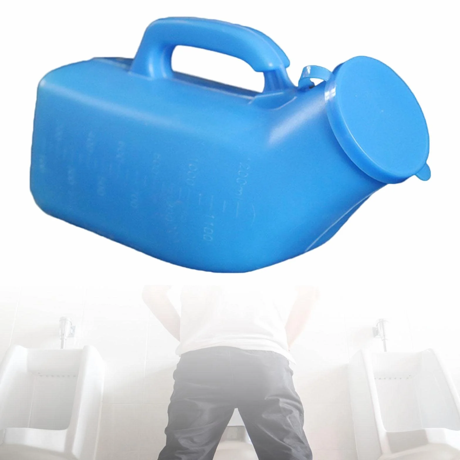 Pisuar męski z uchwytem i pokrywką, 1200 ml, dla podróżników, niepełnosprawnych seniorów, niebieski