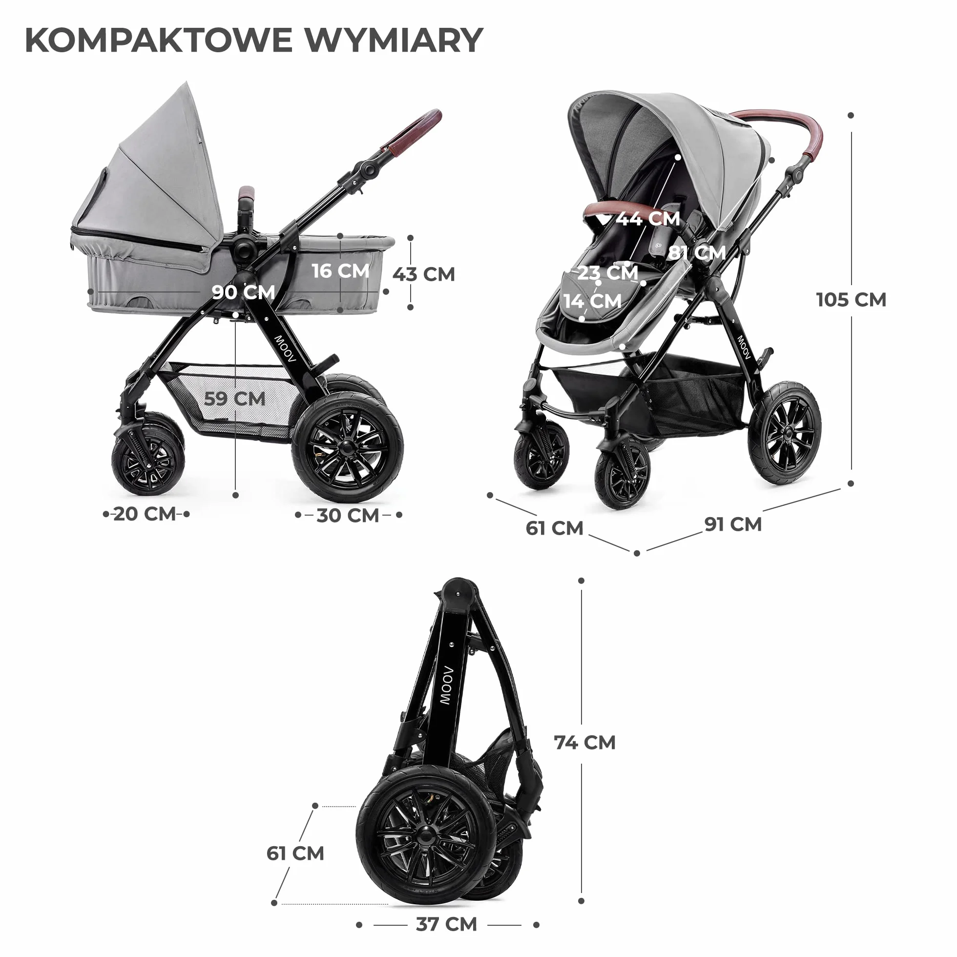 kk KinderkraftWielofunkcyjny Wózek Dziecięcy MOOV 3w1, Spacerówka, Travel system, Fotelik samochodowy i akcesoria w zestawie, Regulacja Oparcia, Amortyzowane koła i stelaż, do 22 kg, Szary