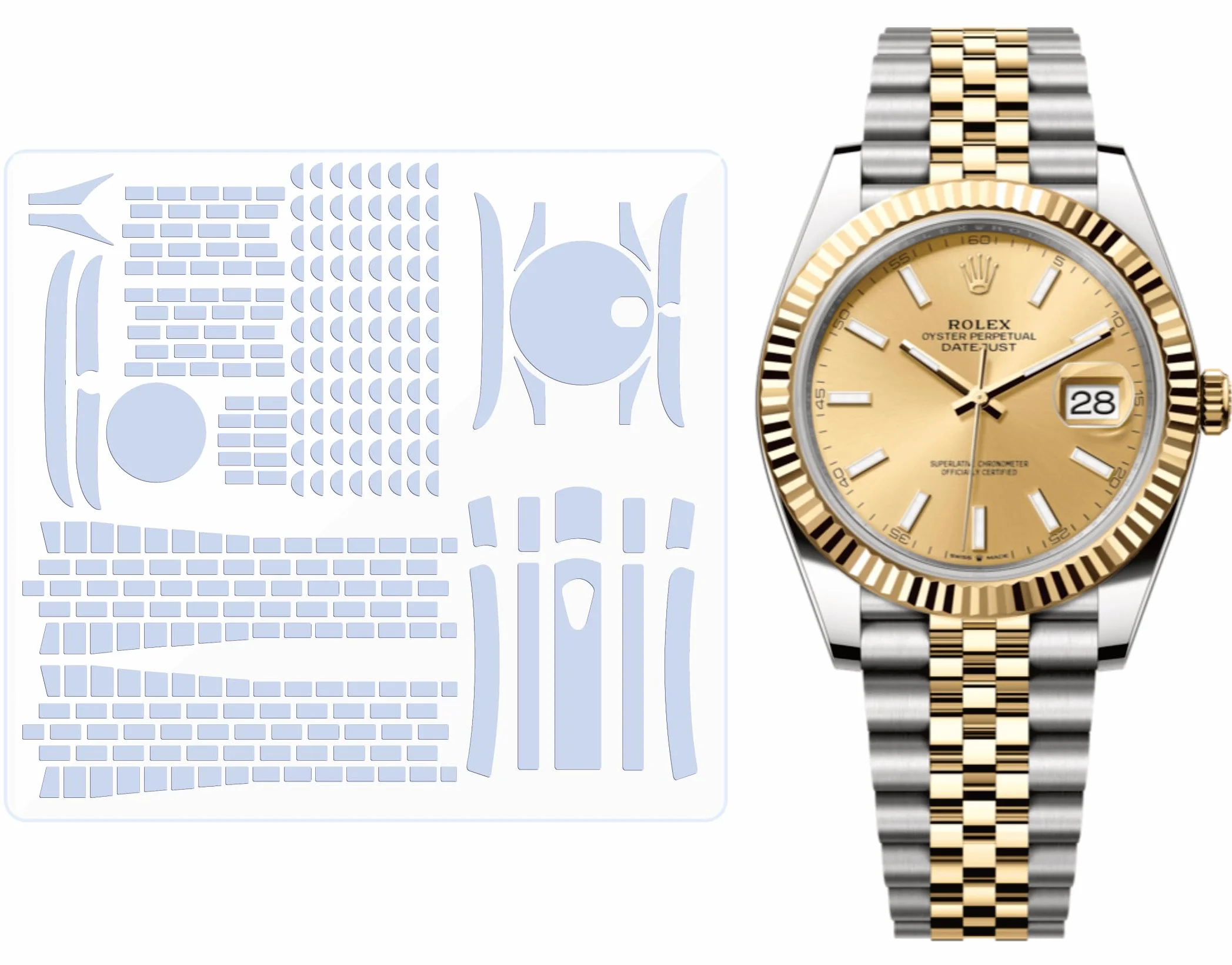 Folia ochronna do zegarka Rolex Datejust 41 mm Ref. 126331 126333 126334 bransoletka jubileuszowa. Przezroczysta skóra pełna osłona ekranu zegarka naklejka (2 x folia na cały korpus)