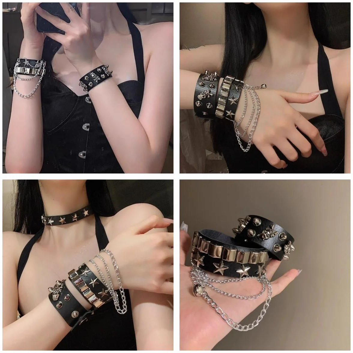 Punkowa bransoletka ozdobna, 3 sztuki, gotycka skała czarna skórzana nit, regulowana opaska na ramię dla mężczyzn, kobiet, na imprezę cosplay