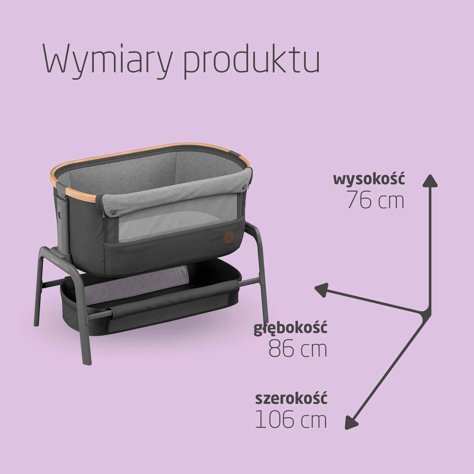 Maxi-Cosi Iora Łóżeczko Przystawka, Co-sleeper , 0–6 mies., maks. 9 kg, 4 Poz. Odchylenia i 5 Wysokości, Łatwe Przesuwanie, Wygodny Materac, Duży Kosz, Łatwe Przenoszenie, Essential Graphite