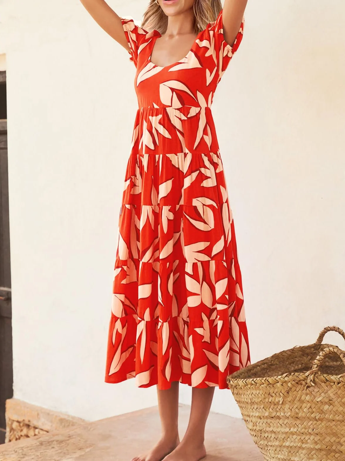 PRETTYGARDEN Short Sleeve Floral Maxi Dresses for Women 2025 Wedding Guest Summer Dress Flowy Beach Vacation Outfits (Orange White Flower,Large)