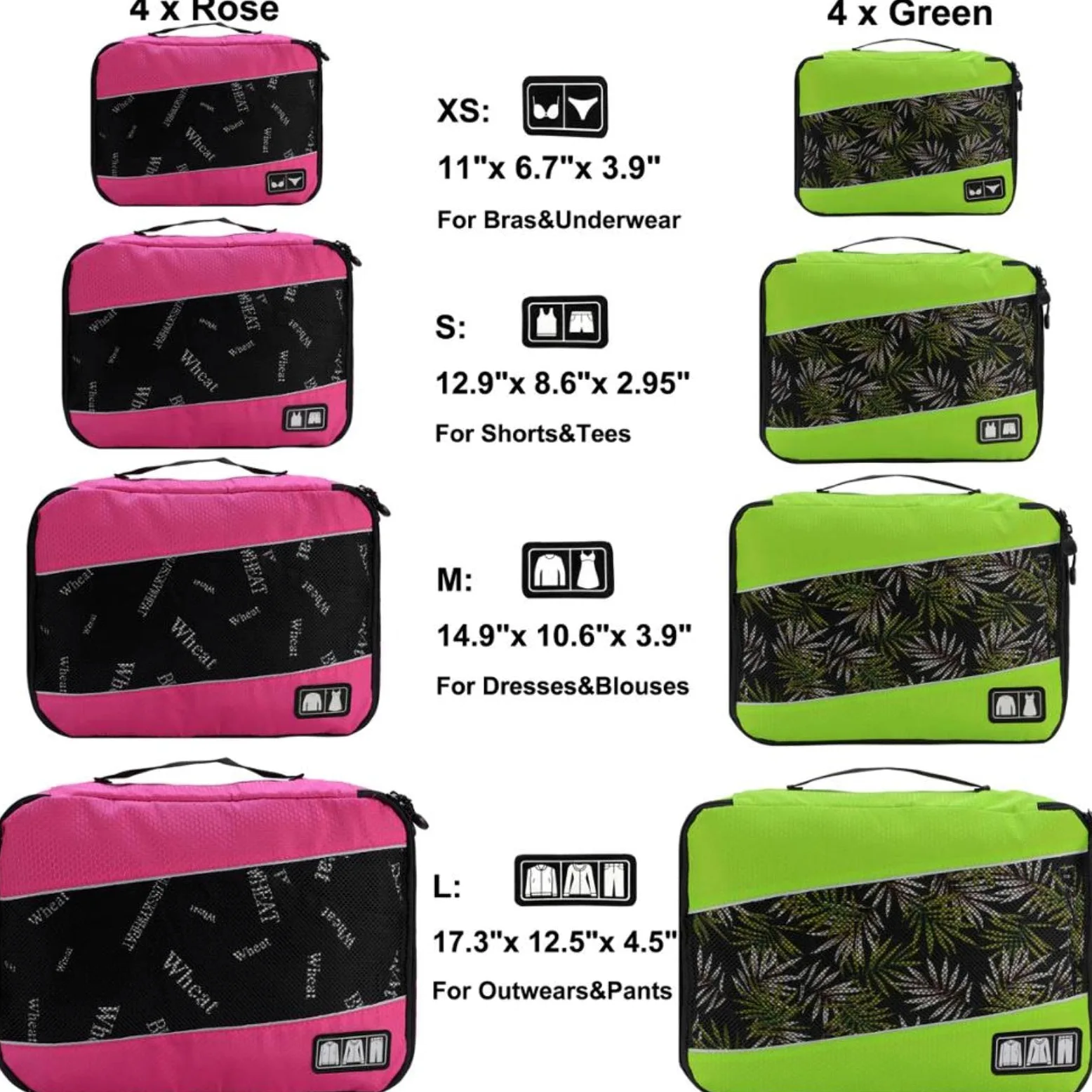 4-częściowy zestaw Organizer do walizki Kostka do pakowania podróżnego Nylon Oddychający Mężczyźni Kobiety Organizator bagażu Zestaw kostek-4 sztuki Róża (4 sztuki Zielony L, M)