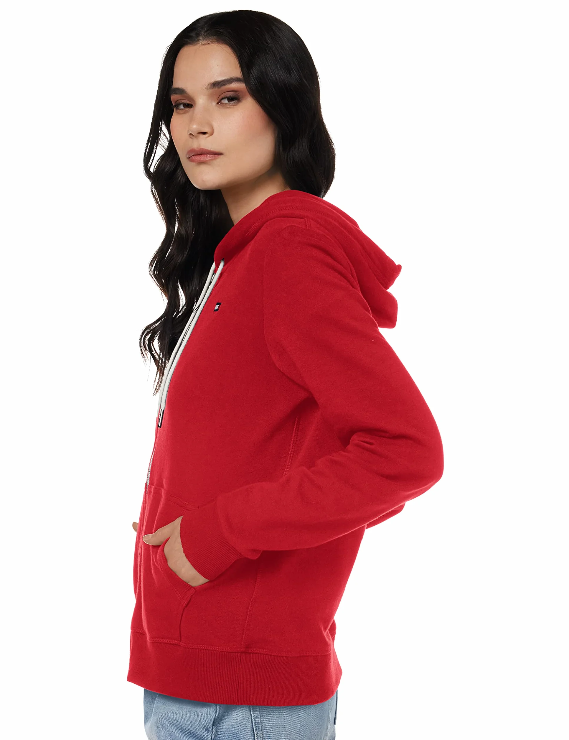 Tommy Hilfiger Damska bluza z kapturem z kontrastowym zamkiem, Szkarłatowy, XL