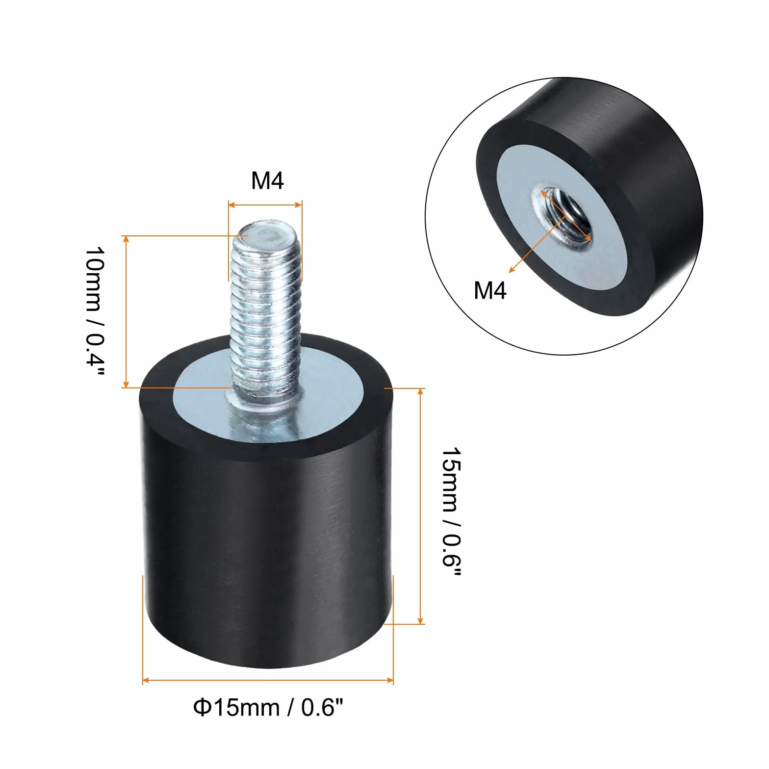 QUARKZMAN 4 szt. M4 x 10 mm Gumowy izolator ze śrubami 15 x 15 mm męski żeński amortyzator wibracyjny ocynkowany montaż gwintu cylindrycznego tłumiący wibracje z 4 szt. Nakrętki blokujące M4