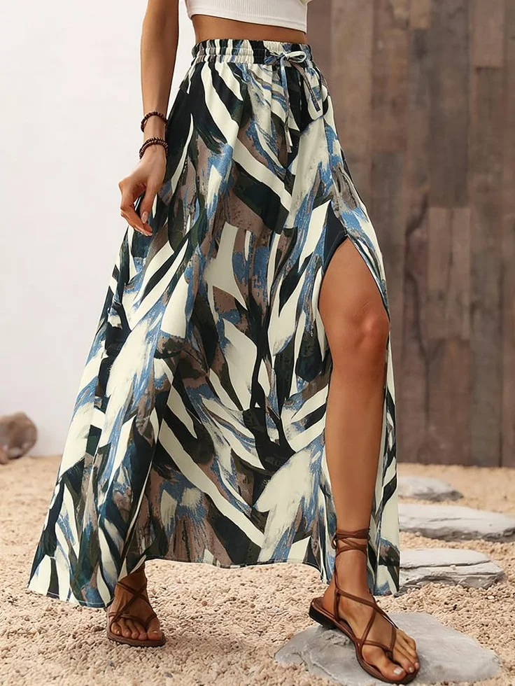 Spódnica damska, długa, elegancka spódnica maxi z nadrukiem, letnia spódnica z rozcięciem, linia A, letnia spódnica maxi, elastyczna, wysoka talia, spódnica plażowa, spódnica rekreacyjna