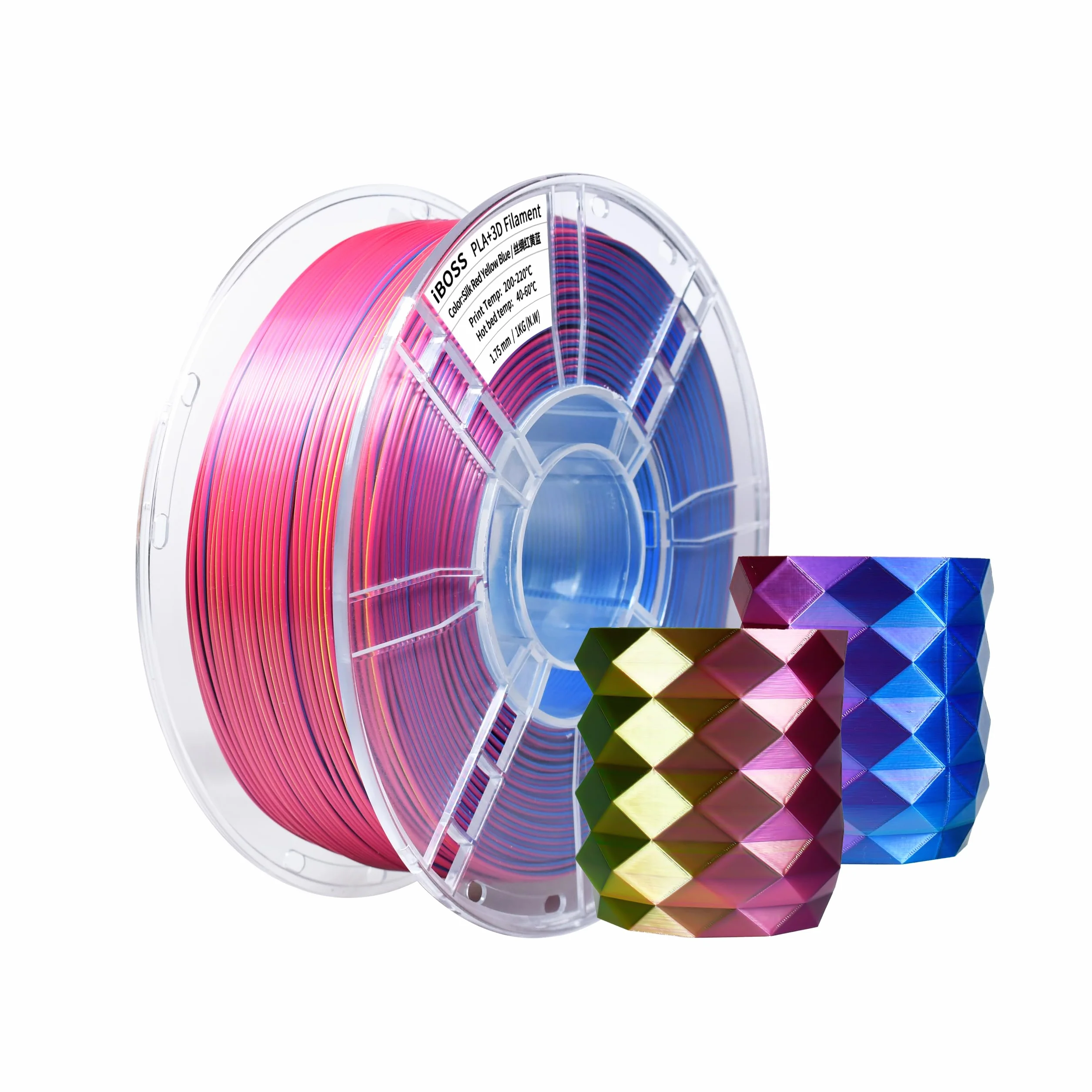 iBOSS Jedwabny PLA+ filament 1,75 mm trójkolorowy, lśniący połysk, do drukarek 3D FDM, dokładność wymiarowa +/- 0,02 mm, szpula 1 kg (2,2 lbs), Jedwabny Czerwony-Żółty-Niebieski