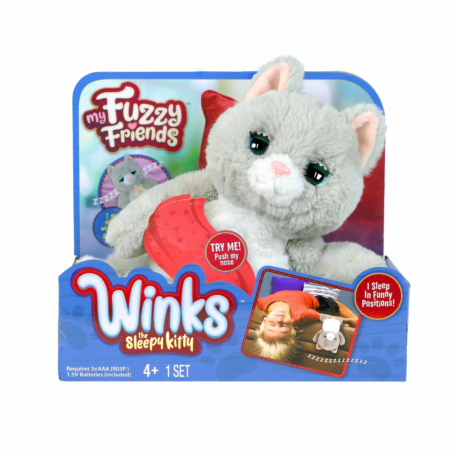 My Fuzzy Friends - Winks Śpiący Kot, interaktywna zabawka dla zwierząt, śpiący kot, reakcje i dźwięki, miękkie, miękkie i elastyczne, dla dzieci od 4 lat, słynny (MYE00111)