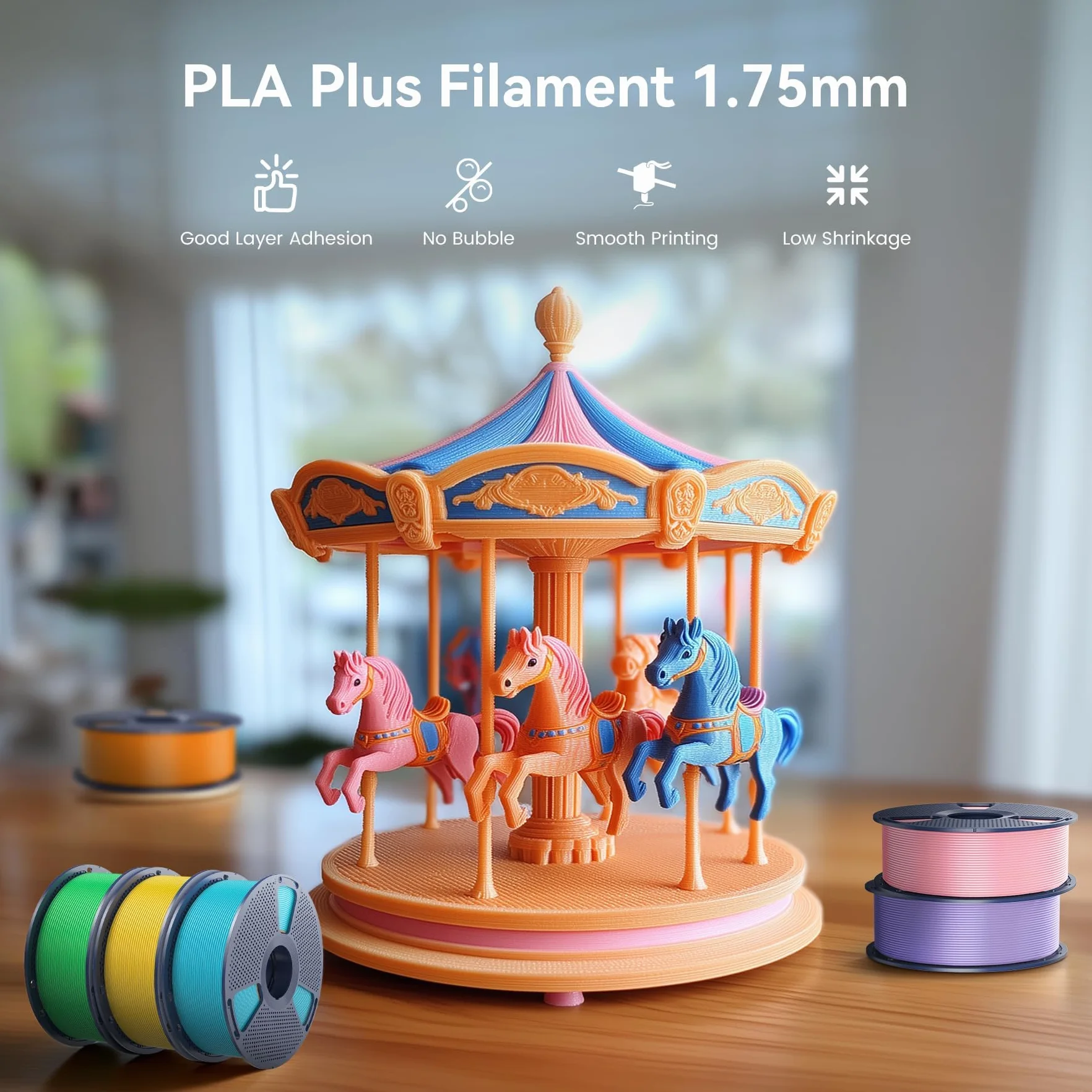 SUNLU 4KG PLA+ Filament, PLA Plus do drukarek 3D 1,75mm ±0,02mm, lepsza odporność, 1 kg na szpulę, 4 sztuki, kolor: czarny+oliwkowy+szary+żółty