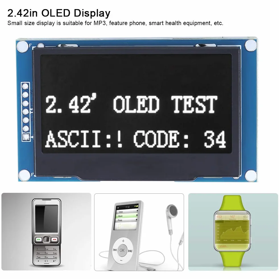 Goshyda Wyświetlacz OLED, 2,42 cala, mały, wysokiej jakości moduł wyświetlacza OLED ekran ciekłokrystaliczny do MP3, funkcja Phone, Smart Health Equipment