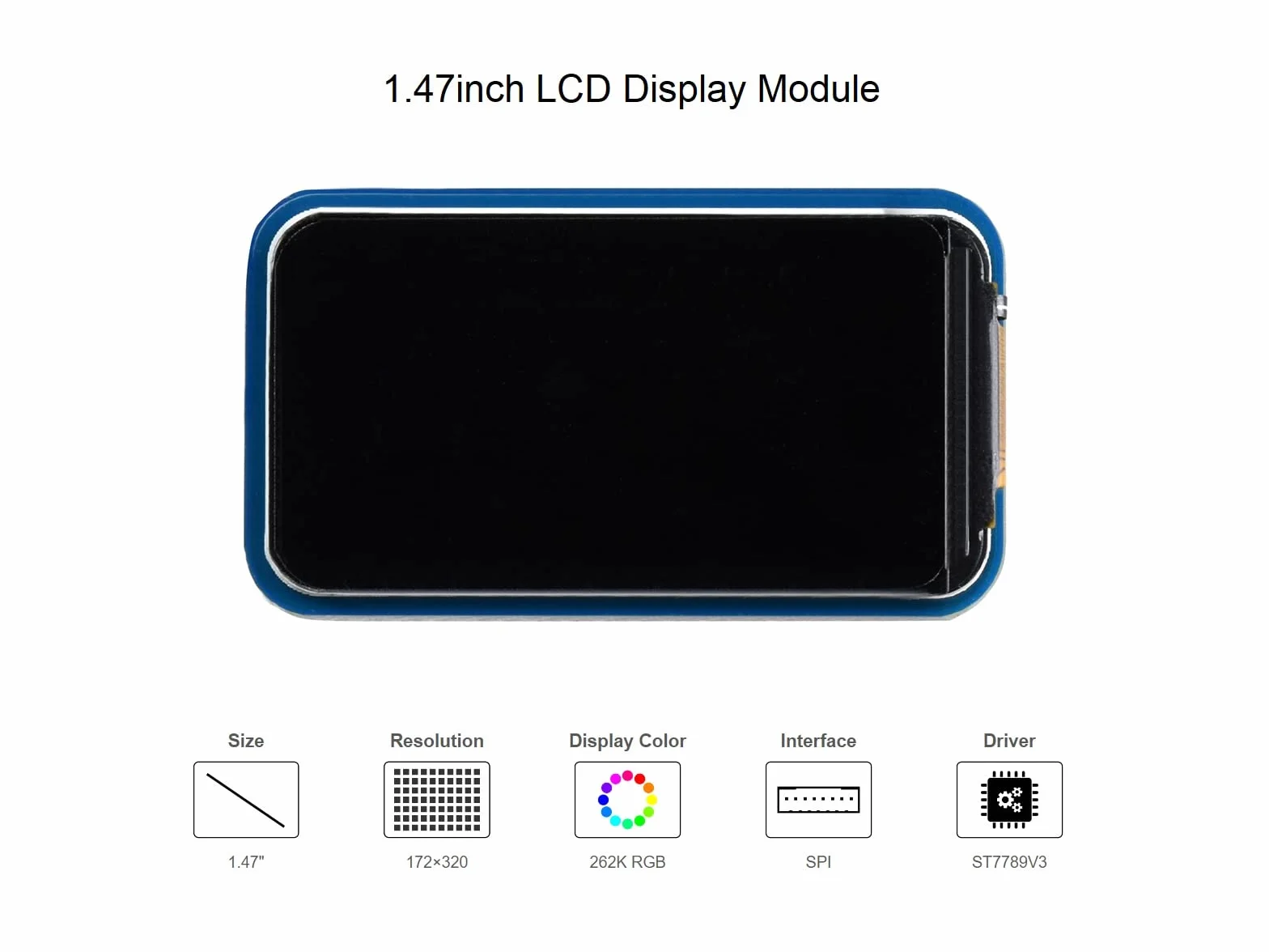Waveshare 1.47inch LCD Display Module Compatible with Raspberry Pi Rounded Corners 172×320 Resolution with SPI Interface