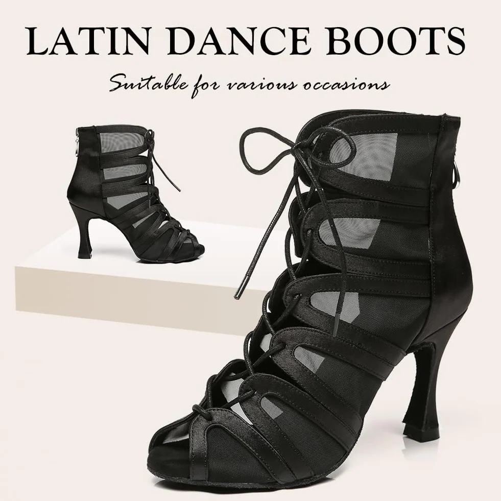 Latein Tanzschuhe Damen Hoher Absatz Salsa Ballsaal Satin Tanz Sandalen Czarny Offene Zehen Latein Tanzstiefel mit 8,5cm Absatz Wildledersohle