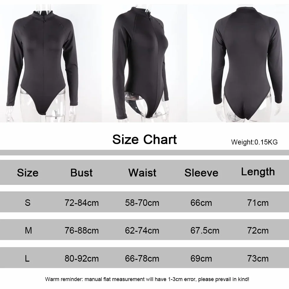 Damskie body z długim rękawem, kombinezon z długim dekoltem, elastyczny trykot, zawijany na zamek błyskawiczny z przodu, slim fit, top, jednokolorowy, casualowy, streetwear