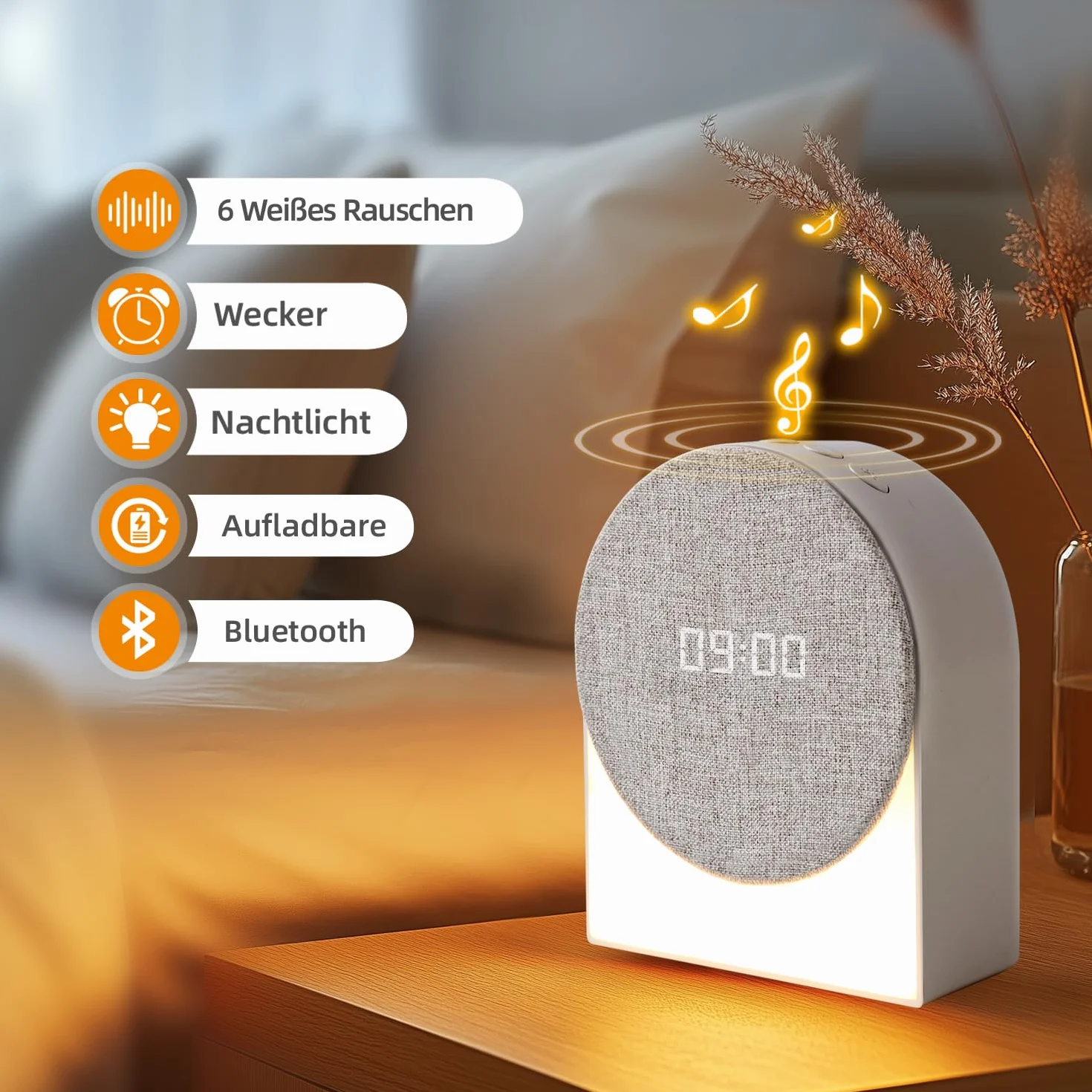 Biały szum z 6 muzykami, pomoc w zasypianiu, cyfrowy budzik i lampka nocna, ładowanie przez USB, pomoc w zasypianiu dla dzieci, uczniów, pracowników biurowych