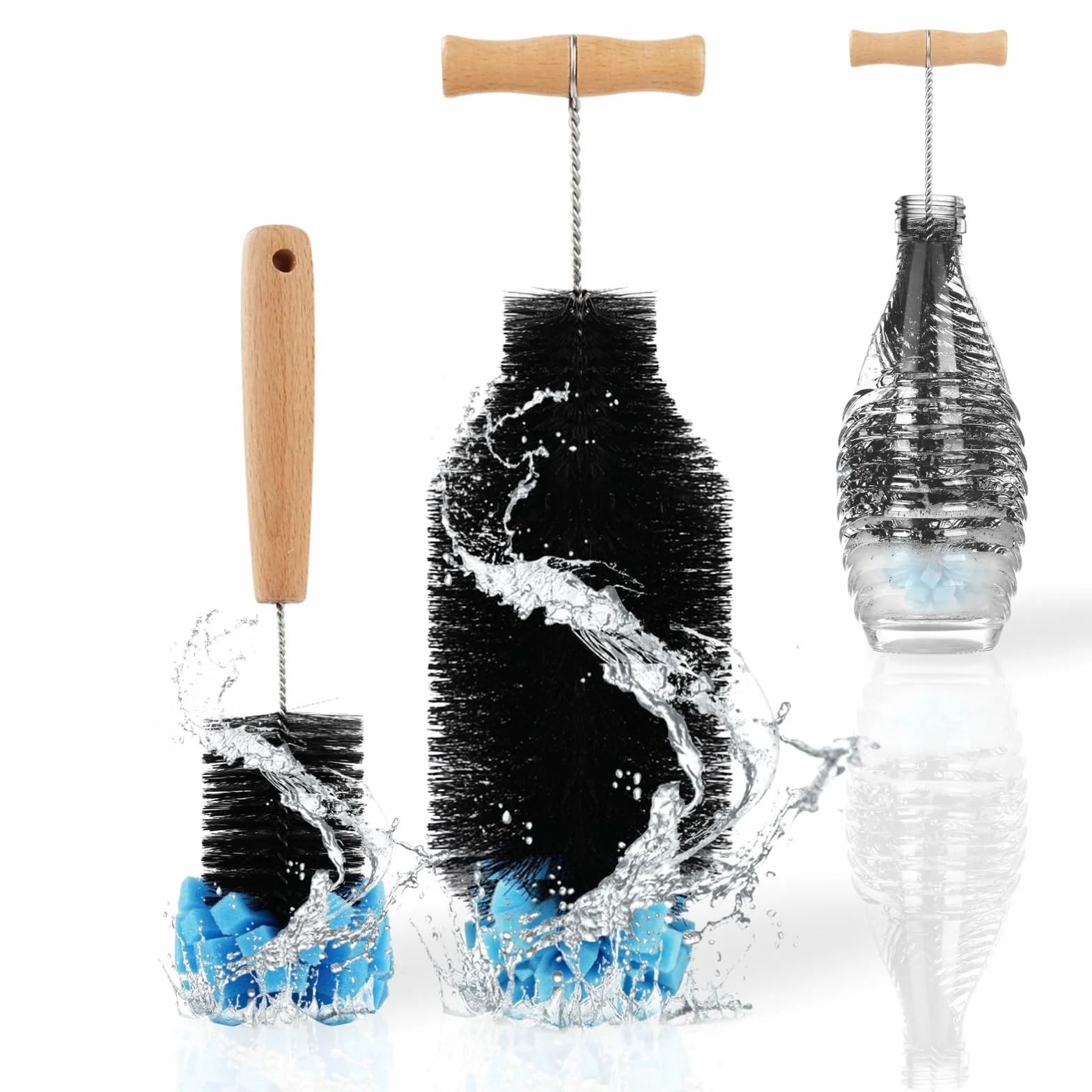 Zestaw 2 szczotek do butelek, kompatybilne z butelkami szklanymi Sodastream, 33 cm + 28 cm, z uchwytem ze stali nierdzewnej 304, twardym nylonowym włosiem i głowicą gąbkową, nie rysuje butelek
