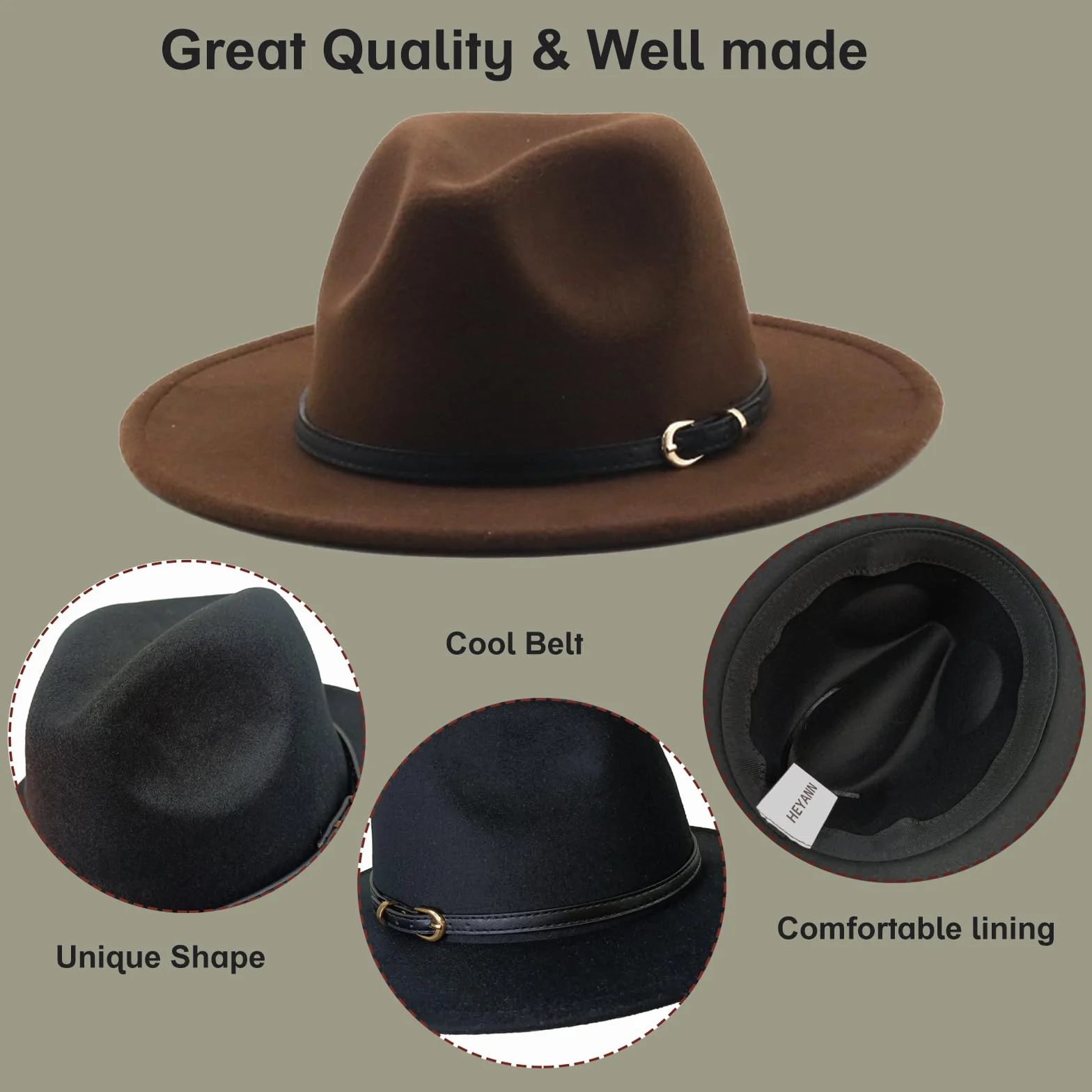 HEYANN Klasyczny kapelusz Fedora z szerokim rondem z klamrą do paska, filcowy kapelusz Trilby, kapelusz panamski, kapelusz jazzowy dla kobiet i mężczyzn