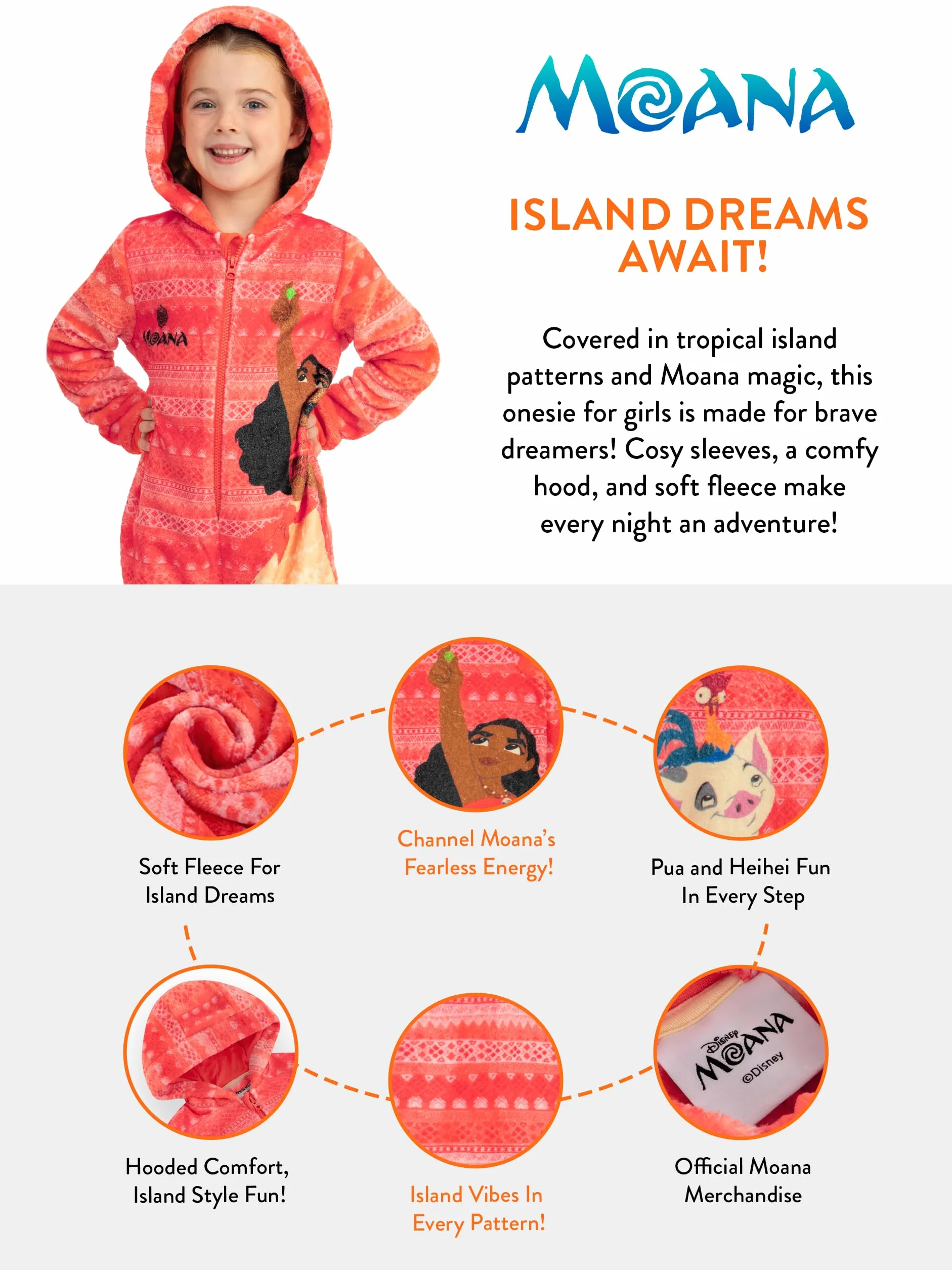 Disney Onesie Dziewczynek Moana, Onesies Dzieci księżniczki, Fleece Onesies dla dziewczynek, Moana Piżama