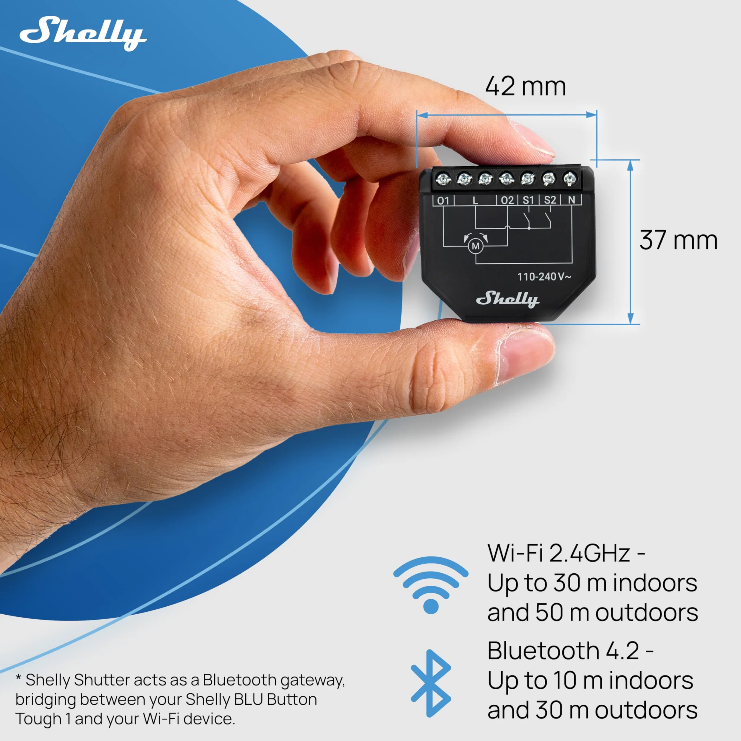 Shelly Shutter i Shelly BLU Button Tough 1 – Moduł łącznika do rolet z pilotem, 110–240 V, 4A, Pomiar zużycia energii, Harmonogramy, Kompatybilny z Alexa, Google Home, SmartThings