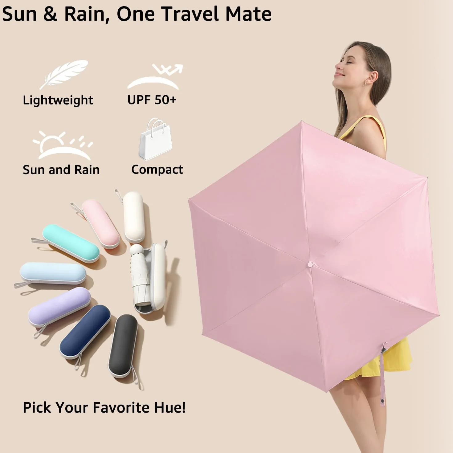 BAODINI Podróżny mini parasol do torebki z etui-mały kompaktowy parasol chroniący przed promieniowaniem UV lekki mały parasol kieszonkowy UPF 50+ dla kobiet dziewcząt mężczyzn