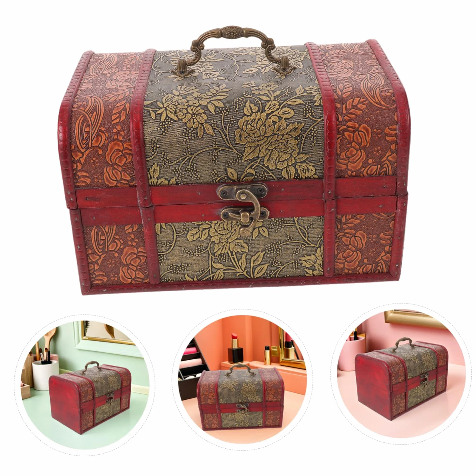 jojofuny Antique Wooden Jewelry Box Large Retro Treasure Chest with Lock for Storing Rings Necklaces Earrings Decorative Storage Organizer for Women