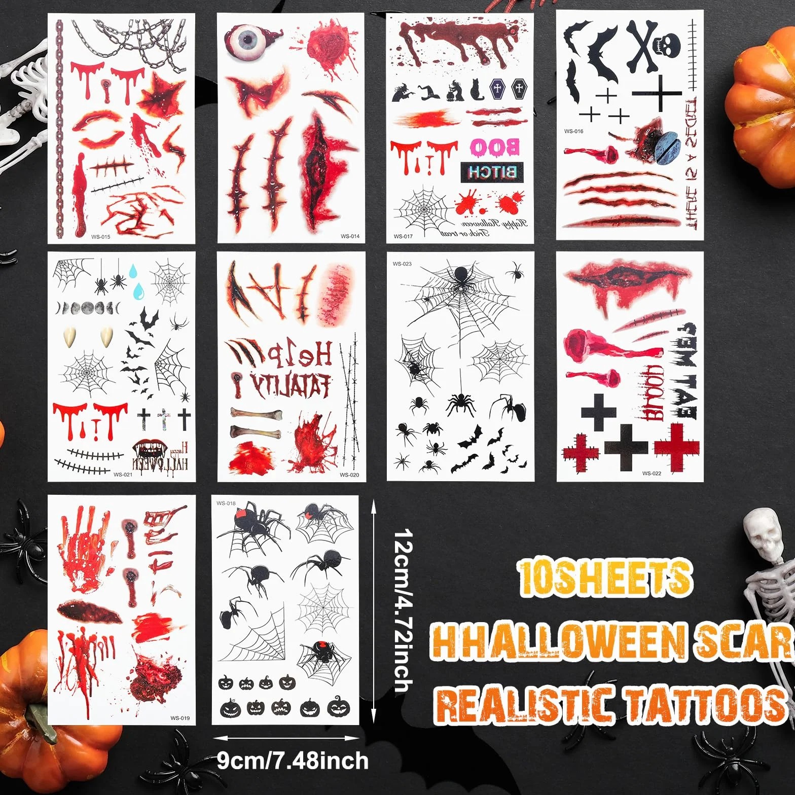 10 arkuszy tatuaży na Halloween, tymczasowe, realistyczne rany, wodoodporne, Halloween, Cosplay, straszna dekoracja makijażu
