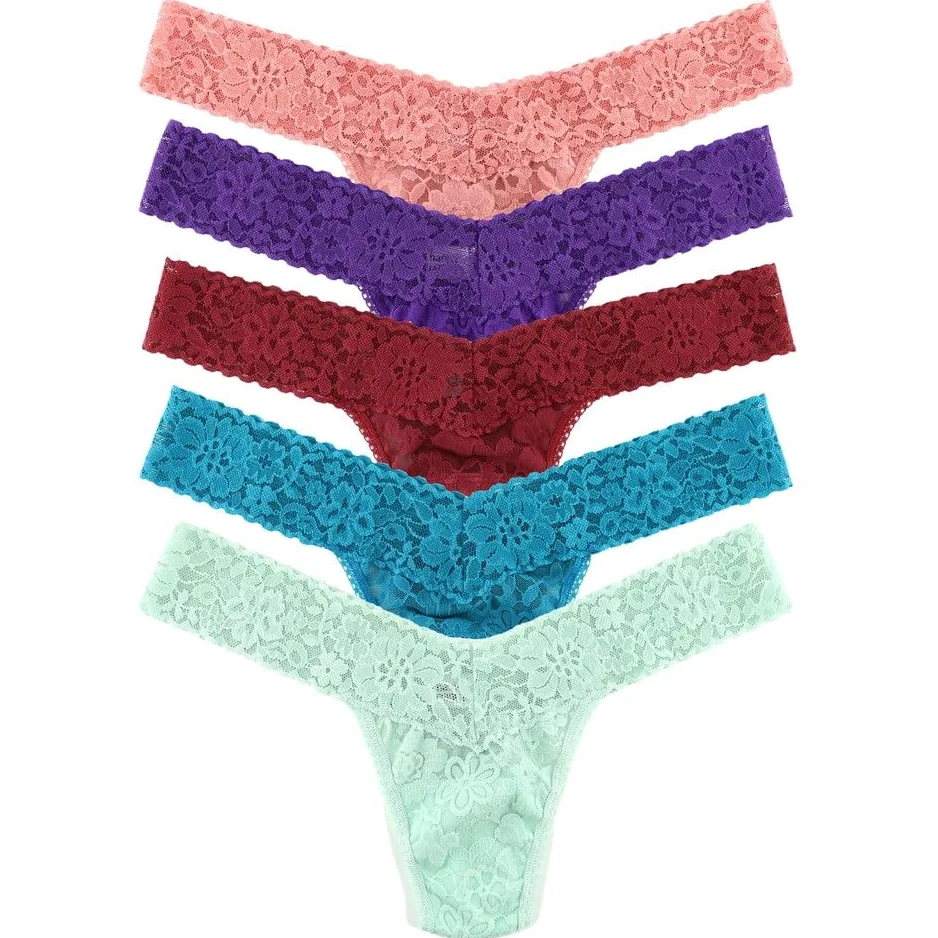 Hanky Panky Codzienne koronkowe stringi z niskim stanem – damskie majtki ze stretchu, koronkowe majtki, zestaw 5 sztuk, stringi damskie z niskim stanem, bawełna i nylon, zestaw bielizny damskiej,