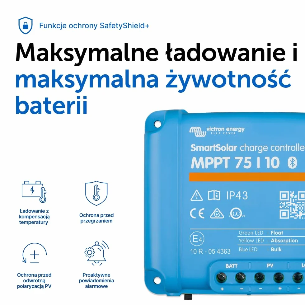 Victron Energy SmartSolar MPPT 75V 10 amp 12/24-Volt Kontroler Ładowania Słonecznego (Bluetooth)