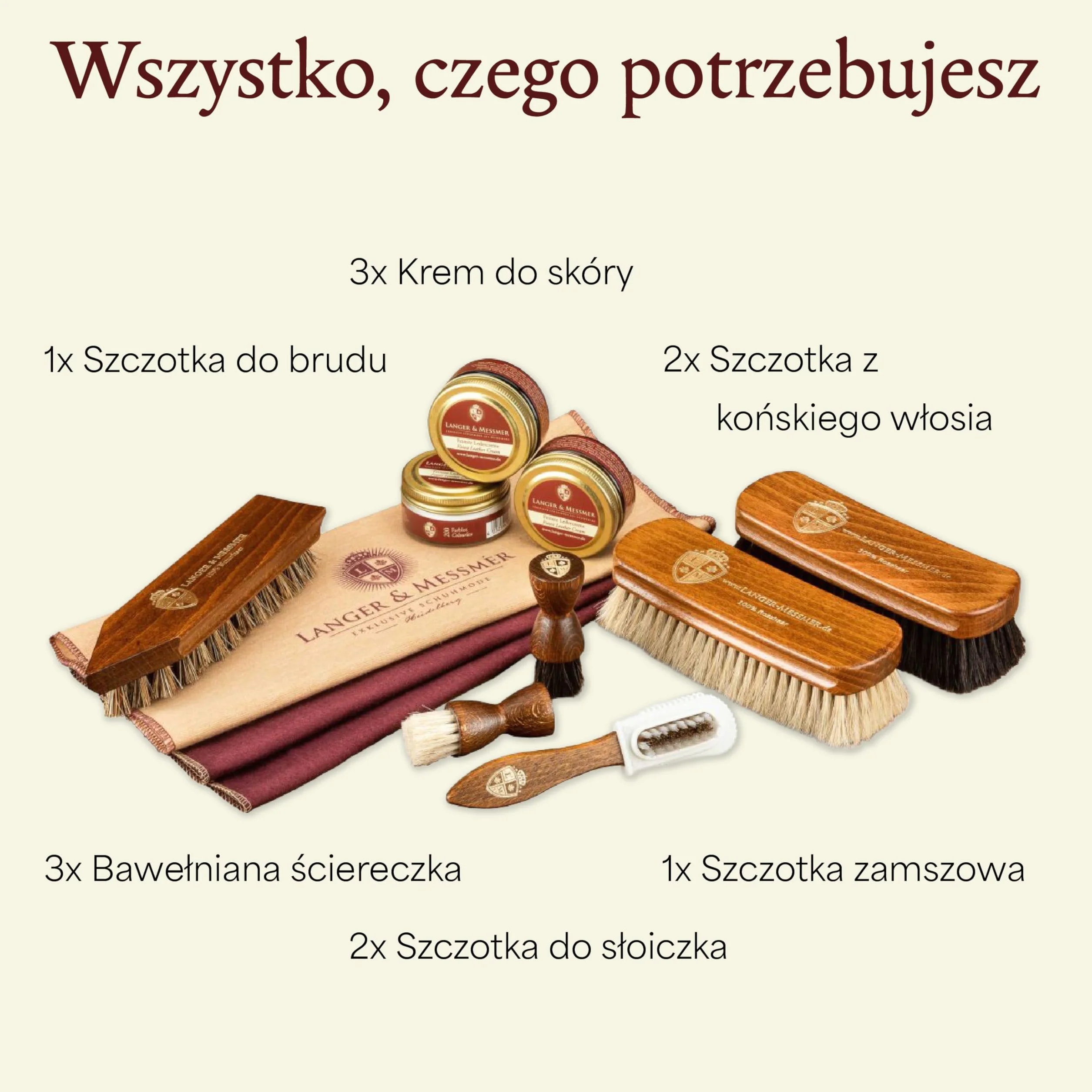 Langer & Messmer 12-częściowy zestaw do pielęgnacji butów, w tym kremy do pielęgnacji skóry i wysokiej jakości szczotki z różowego włosia do efektywnej pielęgnacji butów z gładkiej skóry – zestaw do