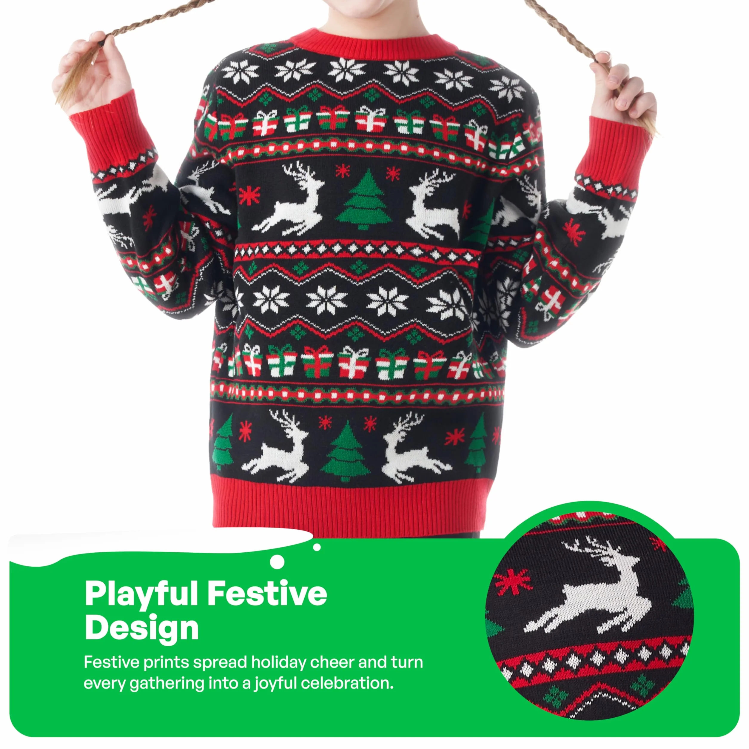 Giggling Getup Dopasowany rodzinny sweter bożonarodzeniowy, słodki świąteczny sweter z długim rękawem, czarny brzydki sweter bożonarodzeniowy