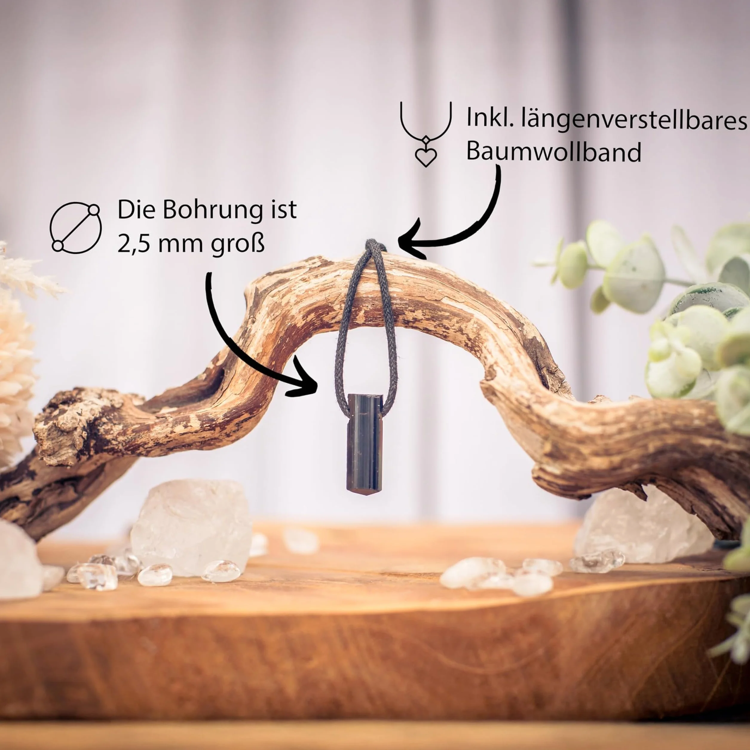 Lebensquelle Plus Czarny turmalin/Schörl mały surowy kamień wisiorek | wisiorek z kamienia szlachetnego + taśma bawełniana | naturalnie uprawiany kryształ, S, Stal nierdzewna, Turmalin