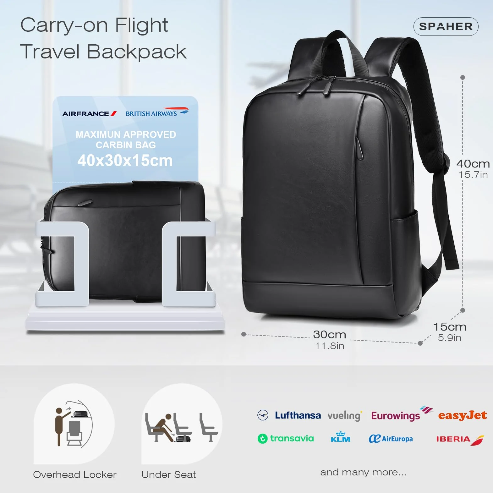 SPAHER 20L Skóry Plecak Podróżny 40x30x15cm British Airways Bagaż Podręczny do Samolotu Plecak na Laptopa 15,6 Calowy Wodoodporny Roboczy Szkolny Biznesowy Plecak Mężczyzna Kobieta