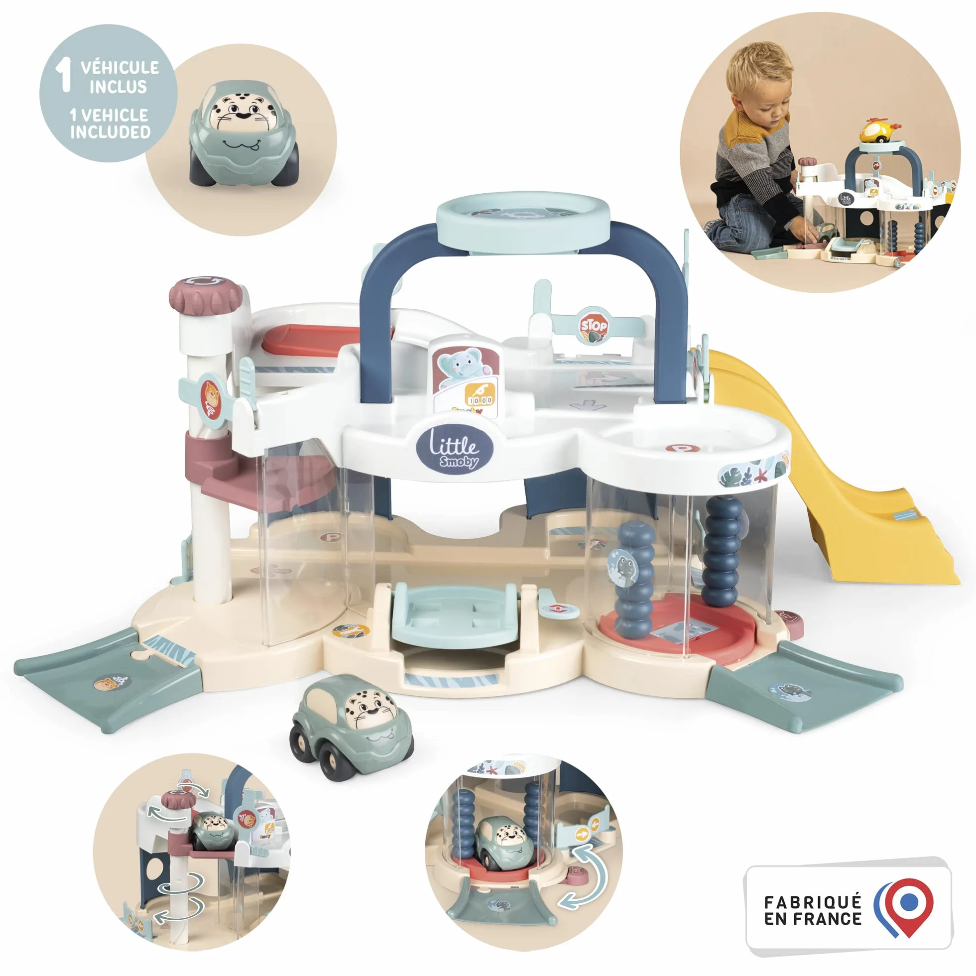 Little Smoby - Pierwszy garaż - myjnia samochodowa, winda, lądowisko dla helikopterów, wyrzutnia i inne akcesoria - 1 samochód w zestawie - od 18 miesięcy - wyprodukowano we Francji