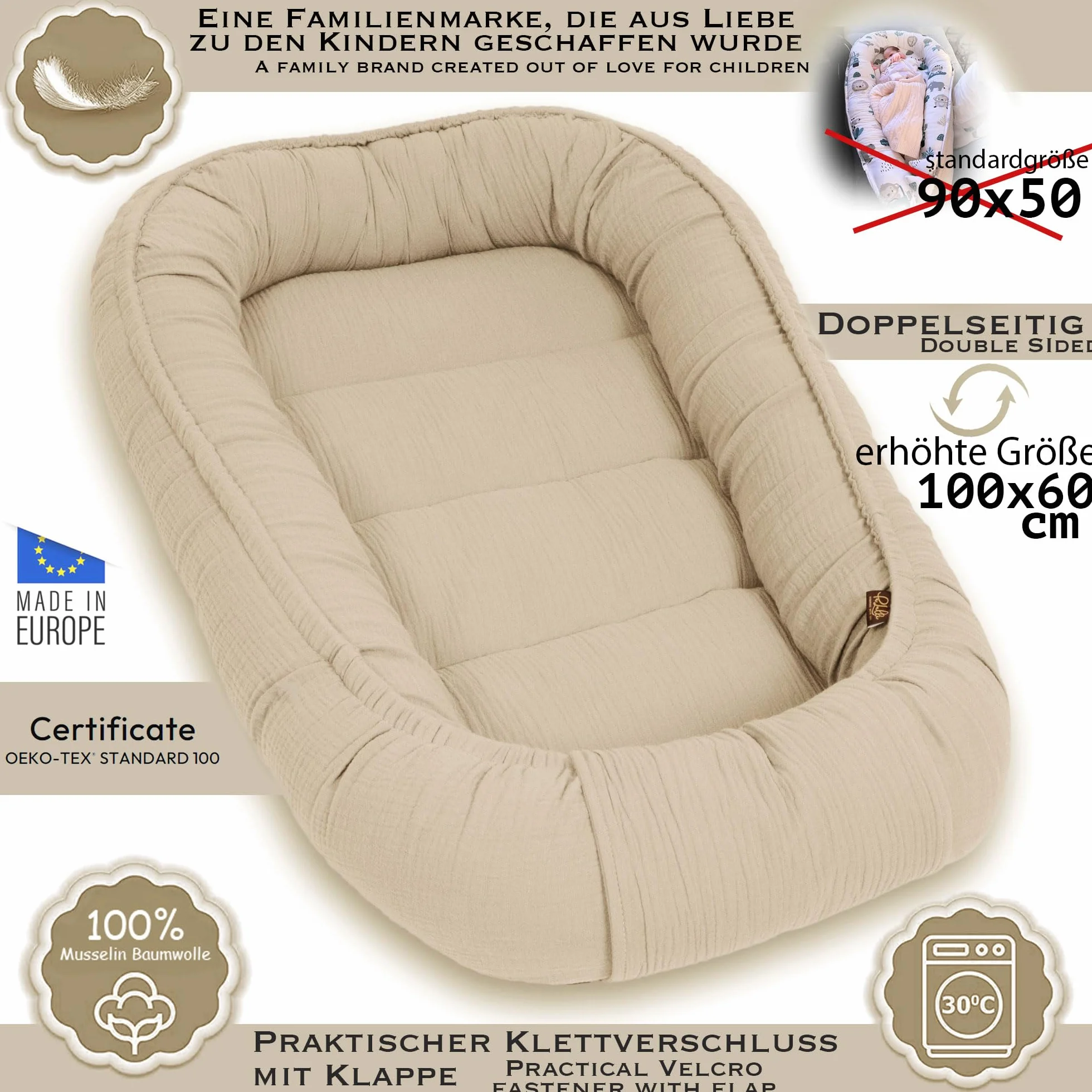 PaLulli Gniazdo dziecięce, 100% wysokiej jakości muślin, 100 x 60 cm, ochraniacz z zapięciem na rzepy, do łóżeczka dziecięcego i niemowląt, beżowe