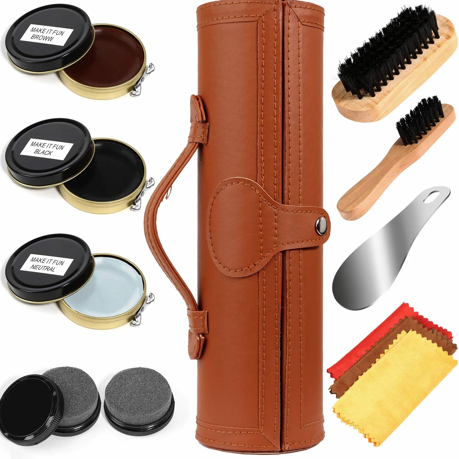 Zestaw szczotek do butów z połyskiem, ekoskóra, eleganckie etui, 12-częściowy